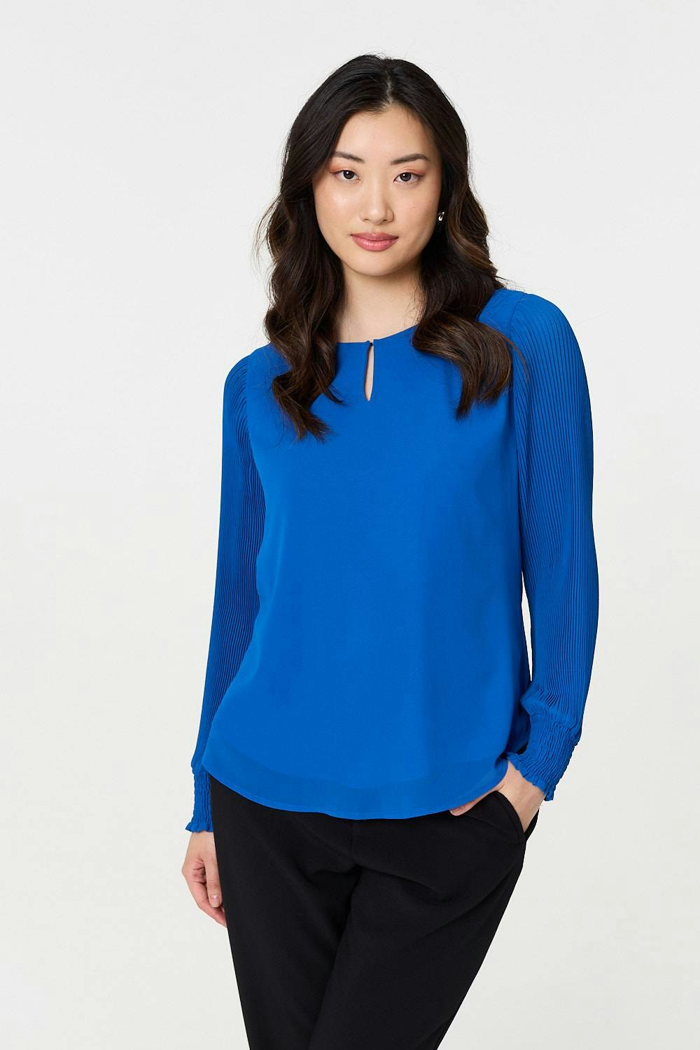 Izabel London Blue Keyhole Cut-Out Neck Long Sleeve Blouse - 10