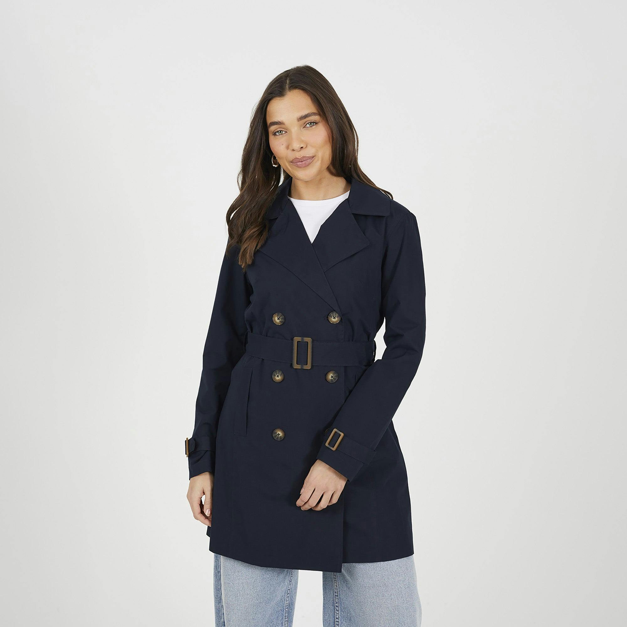 Brave Soul Double Breasted Belted Trench Coat - Navy - Navy - 10