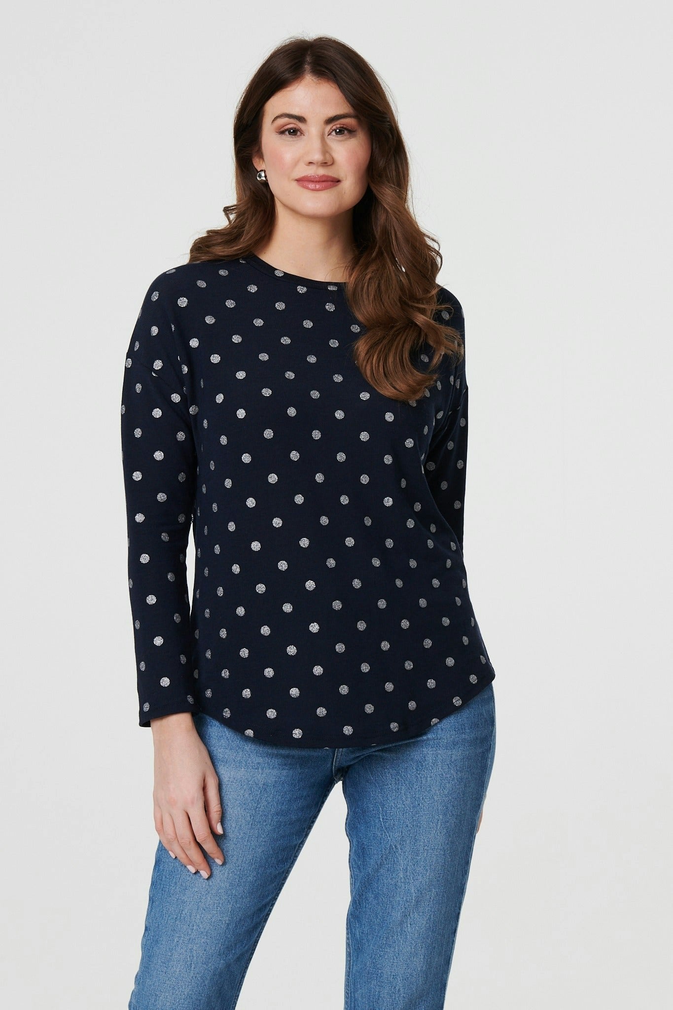 Izabel London Polka Dot Print Relaxed Long Sleeve Top - 10 - Navy