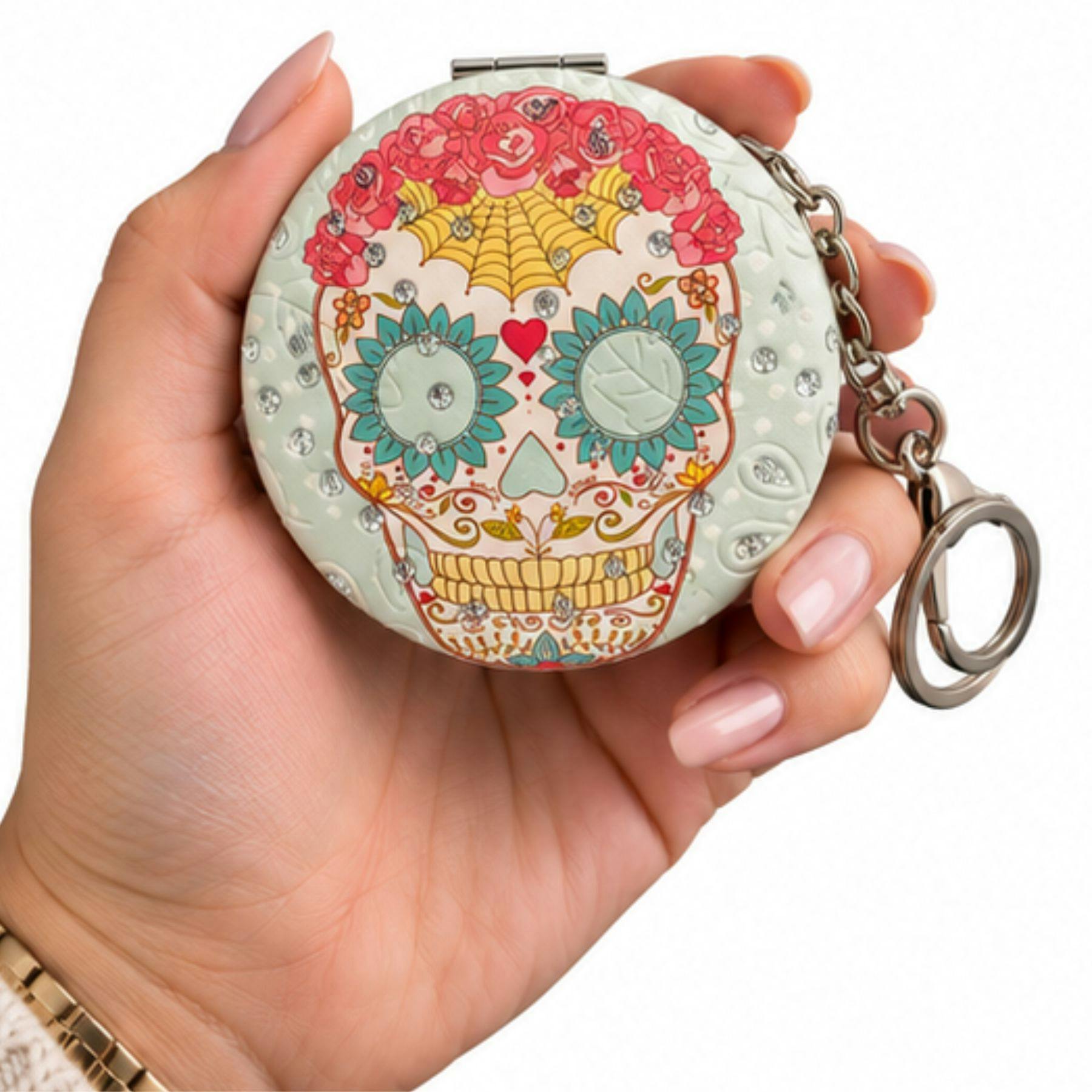 Love Emvy Light/Blue Sparkly Sugar Skull Compact Mirror