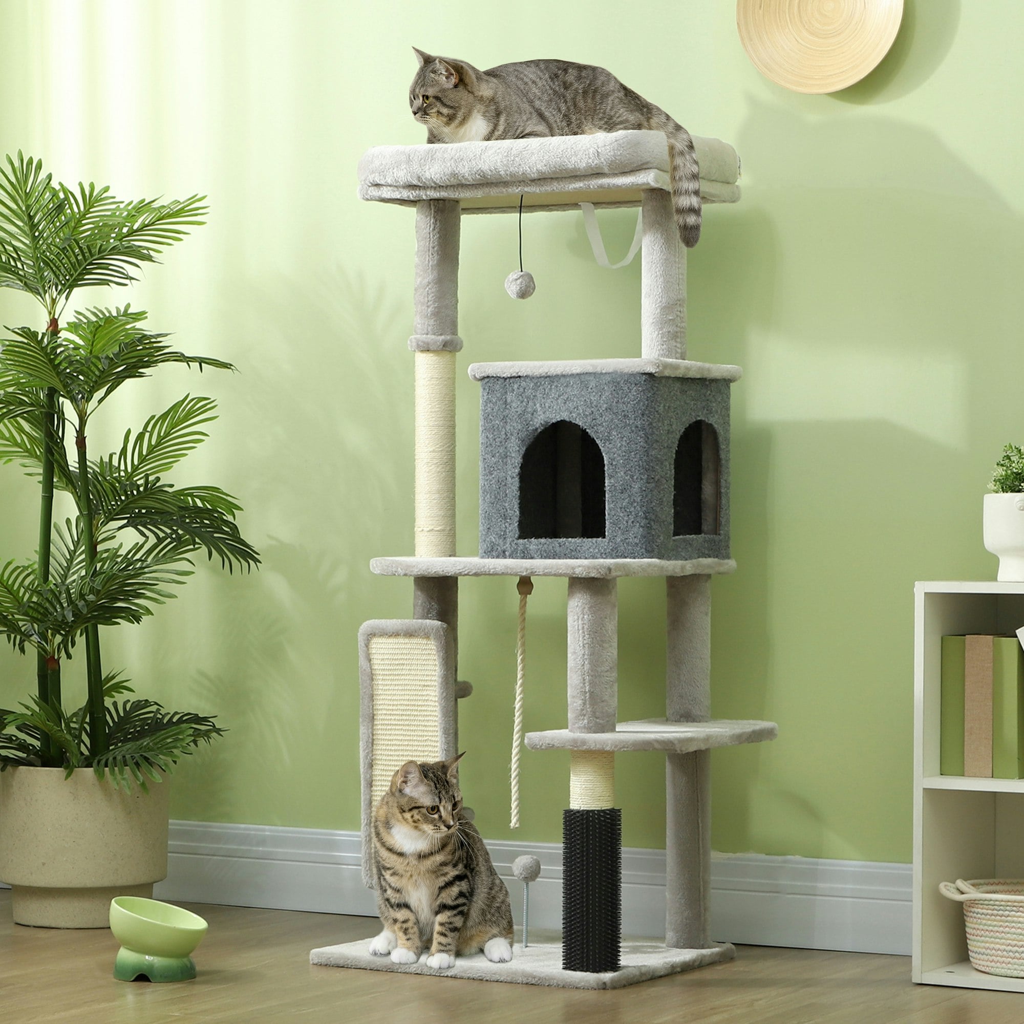 Pawhut Light/Grey 132Cm Cat Tree For Indoor Cats W/ Scratching Posts,