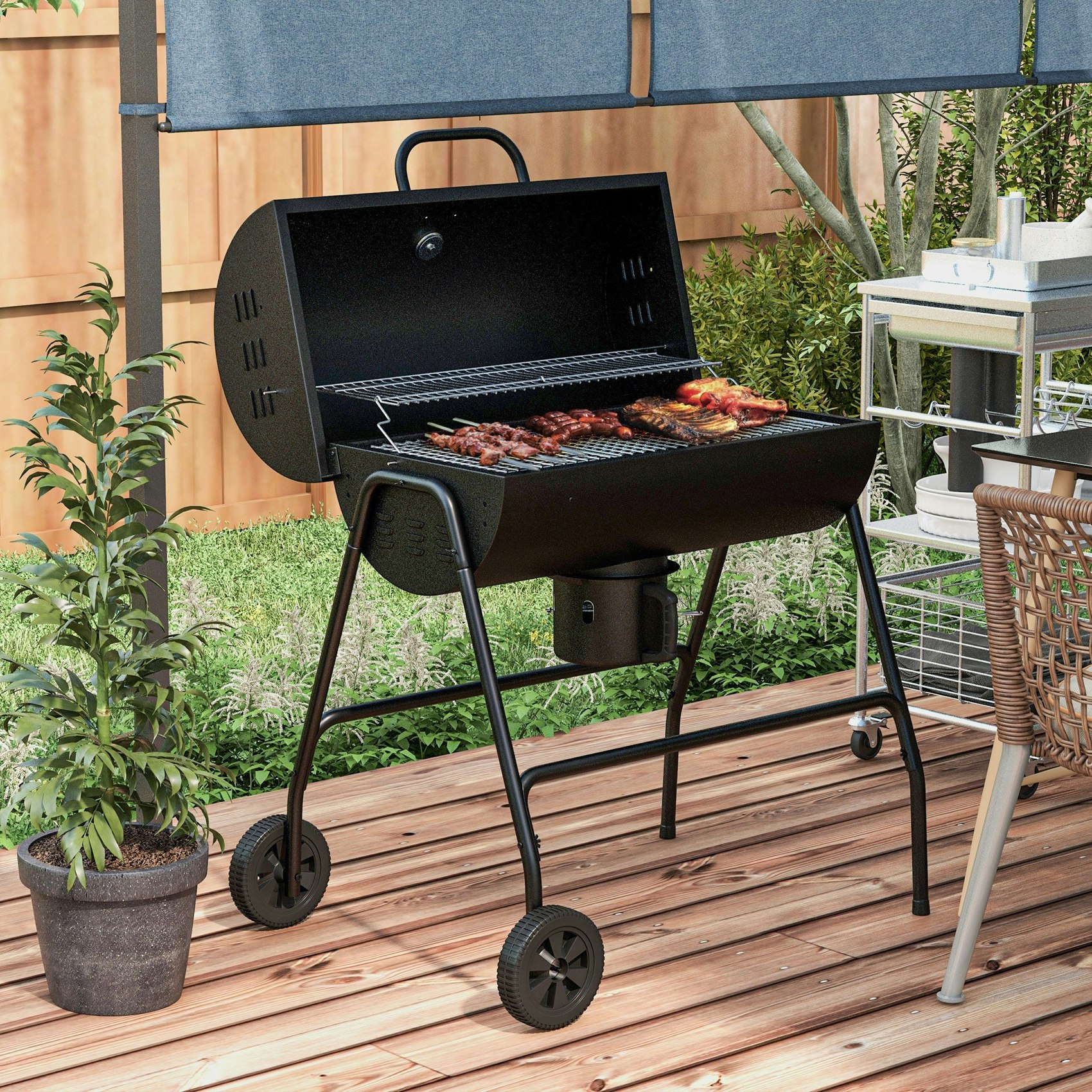 Rackhams Black Barrel Charcoal Barbecue Bbq Grill Trolley W/ Ash Catcher Thermometer - Steel - 95L X 71.5W X 102Hcm