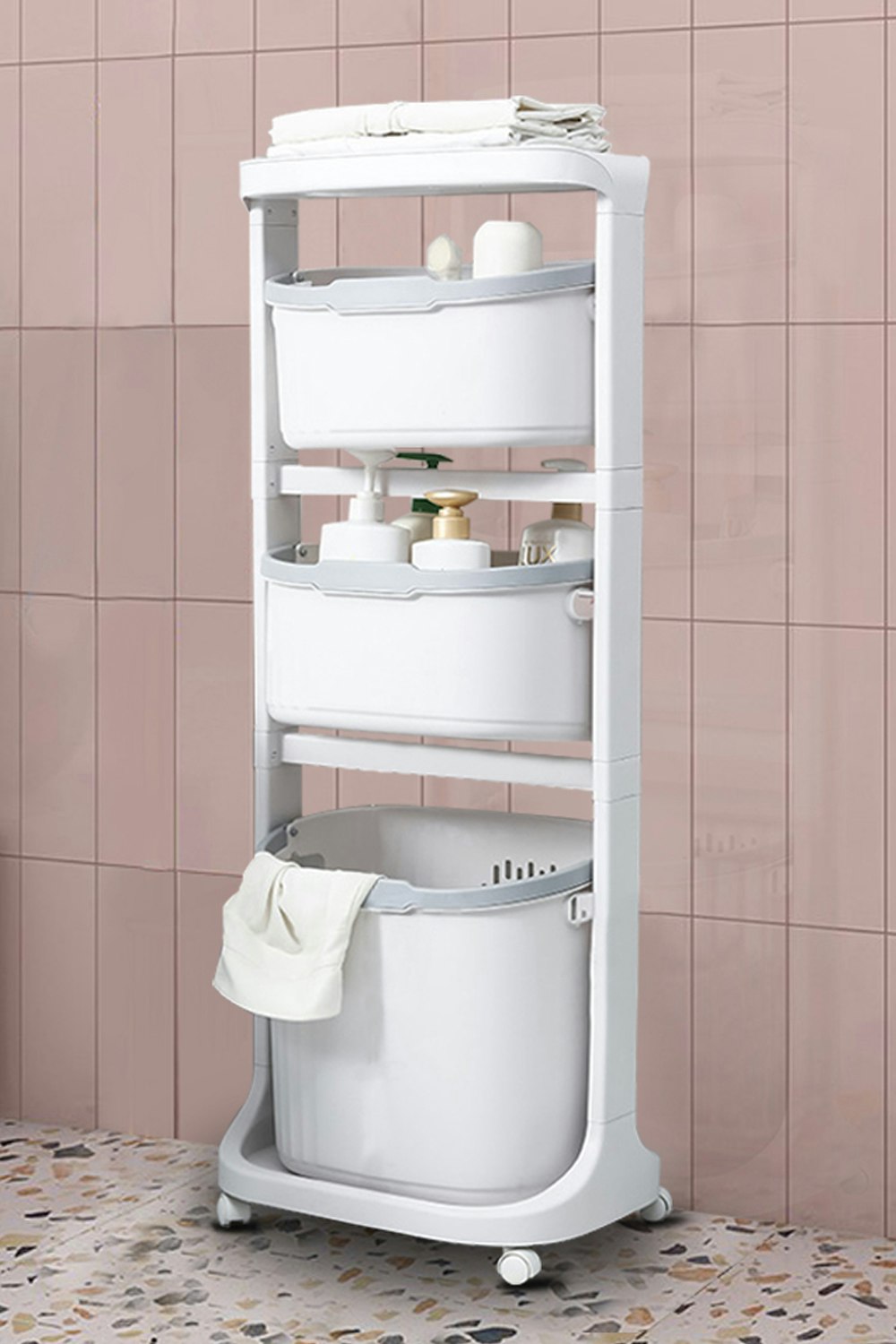 Rackhams White 4-Tier Laundry Basket Clothes Storage Shelf On Wheels For Bathroom