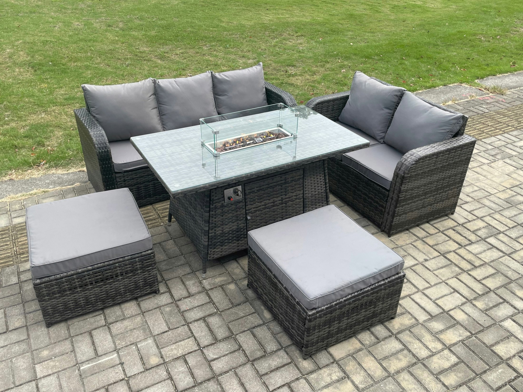 Fimous Pe Wicker Outdoor Rattan Garden Furniture Set Propane Gas Fire Pit Table And Sofa Set With 2 Big Footstool
