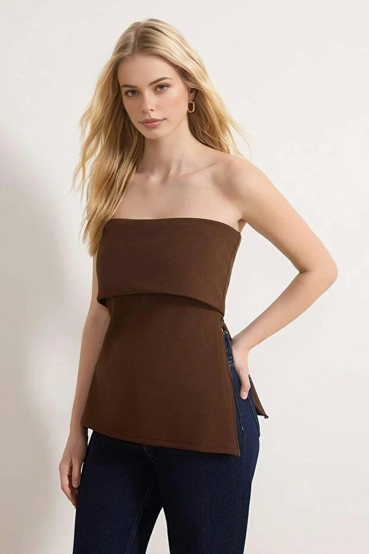 Wovcor Brown Strapless Neckline Side Zipper Crepe Knit Blouse - S