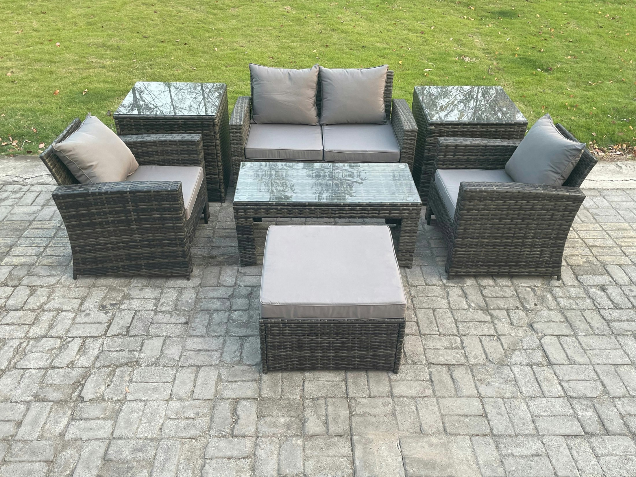 Fimous Dark/Grey 5 Seater Outdoor Rattan Garden Furniture Set Patio Lounge Sofa Set With Coffee Table 2 Side Tables Big Footstool Mixed