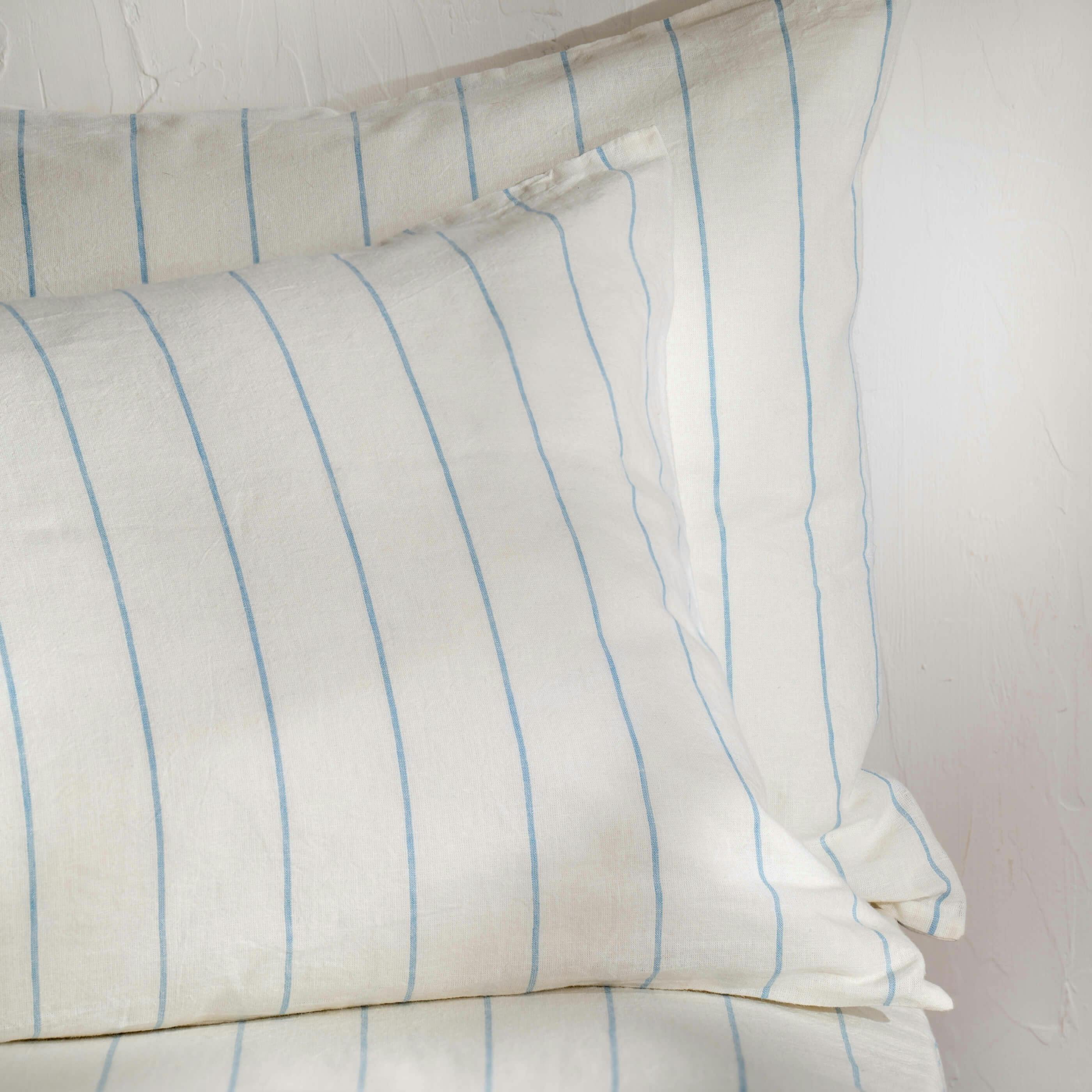 Rackhams White/Blue Pinstripe Linen Cotton Blend Pillowcases - Standard - Pair - Housewife