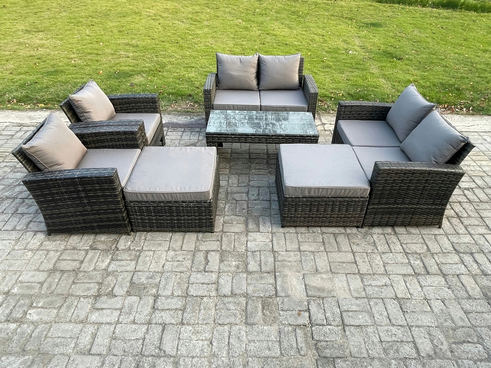 Rackhams Dark/Grey 8 Seater High Back Rattan Garden Furniture Sofa Sets With Rectangular Coffee Table 2 Big Footstool Loveseat Sofa Armchair Mixed