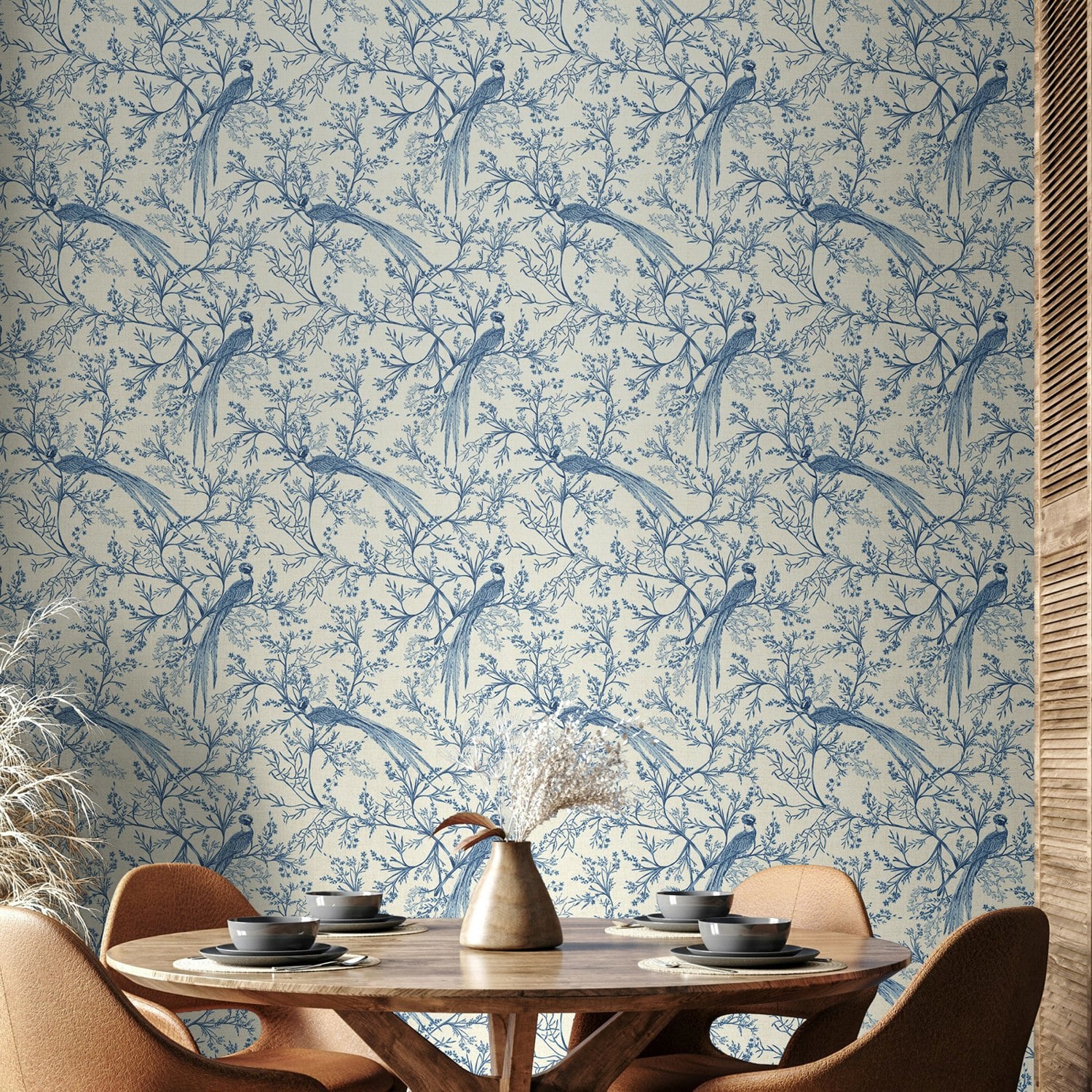 Hoopla Walls Dark Bird Toile - Denim 10M Wallpaper