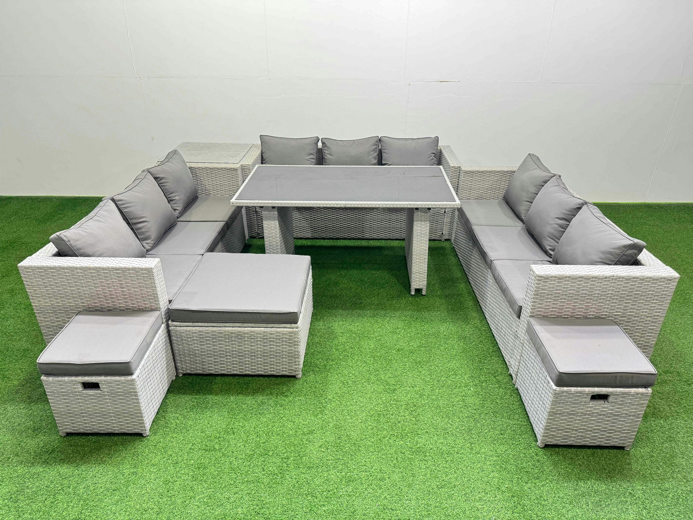 Rackhams Black/Light/Grey Patio Outdoor Garden Furniture Sets With Glass Top Dining Table 3 Seater Sofa Side Table 3 Stool