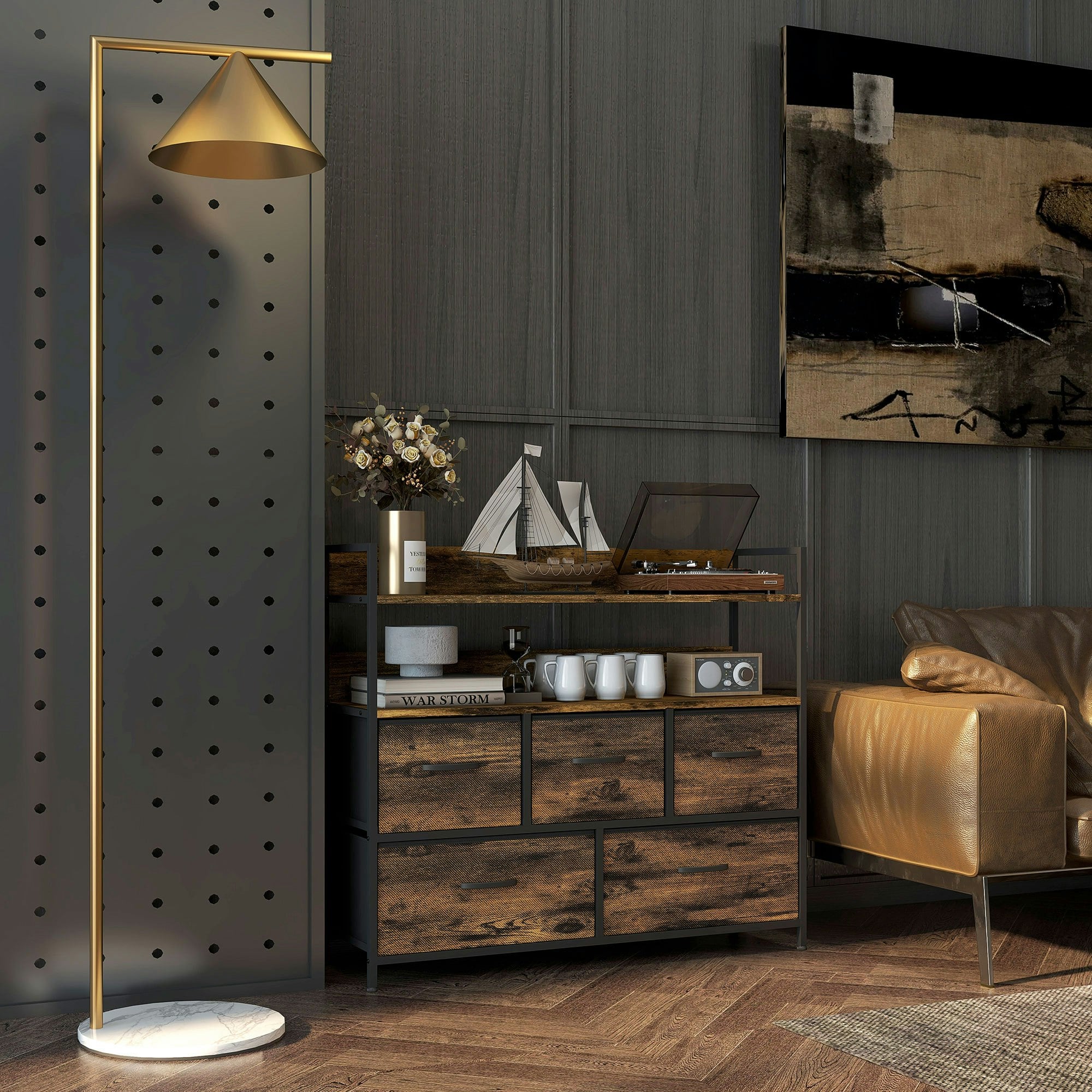 Rackhams Black/Brown Bedroom Chest Of Drawers 5 Drawer Dresser W/ Shelves, - Rustic - 5