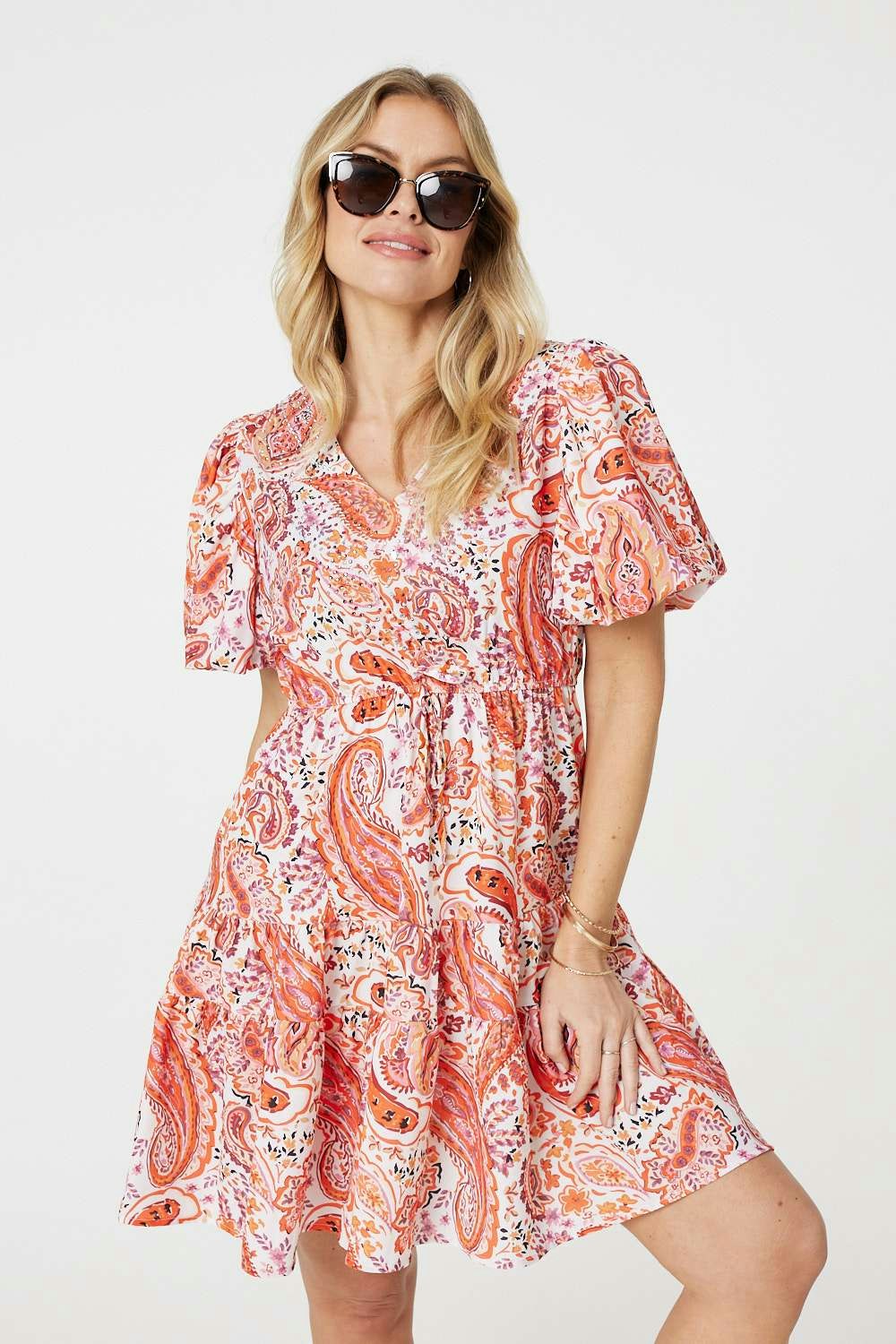 Izabel London Orange Paisley Short Puff Sleeve Mini Dress - 18