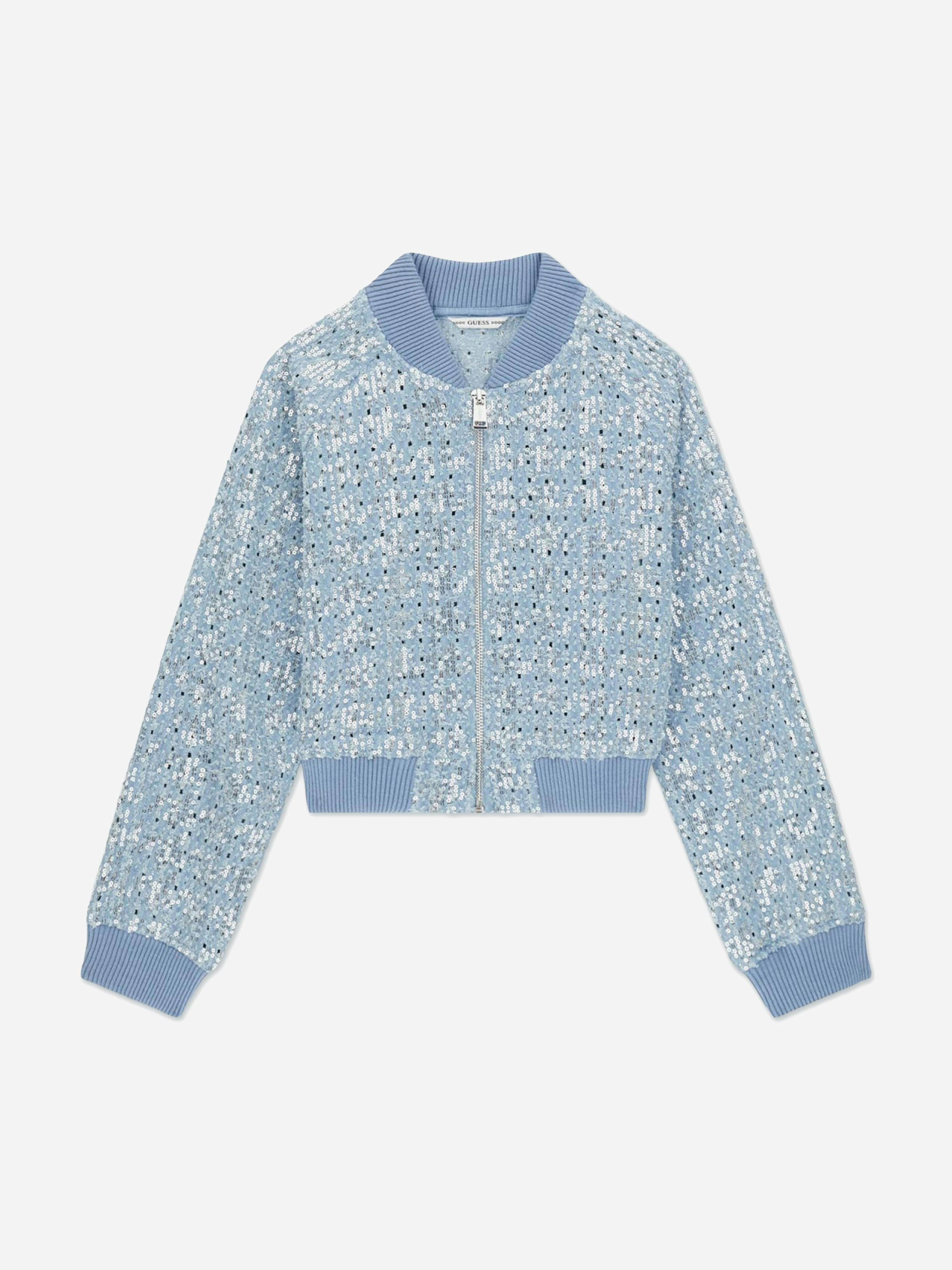 Guess Girls Blue Sequin Denim Bomber Jacket In - 12 Yrs