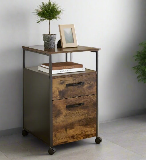 Modcraft Brown/Black Industrial Mobile Filing Cabinet With Drawer & Wheels – Rustic & Office Storage