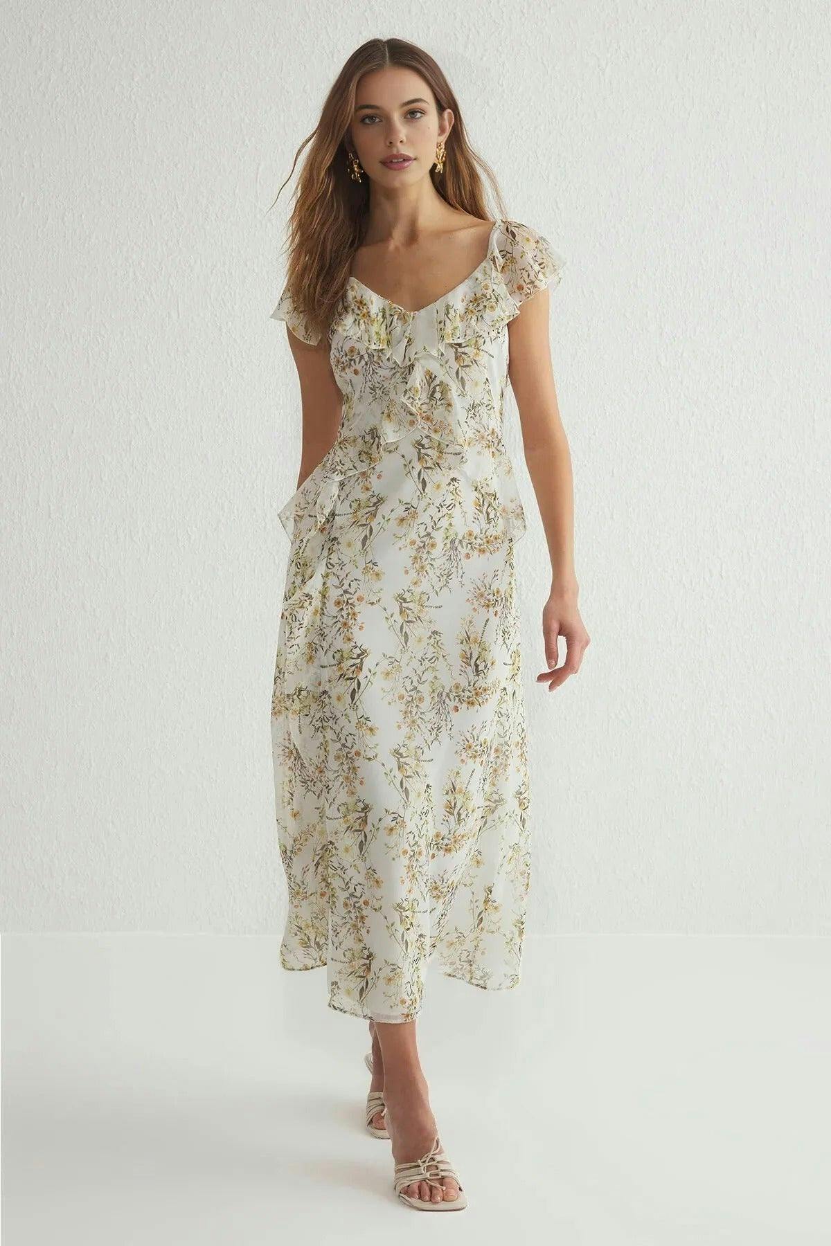 Wovcor Floral Ruffled A-Line Chiffon Woven Maxi Dress - Multi - 12