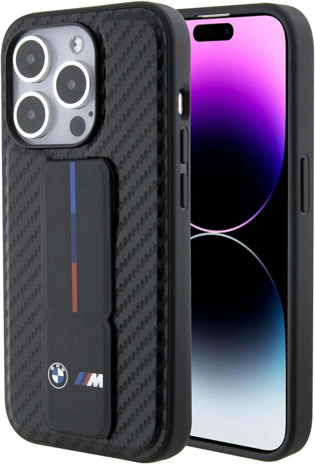Bmw Black M Series Hard Case Grip Stand Smooth And Carbon For Iphone 15 Pro 6.1" - Bmhcp15lgspcck
