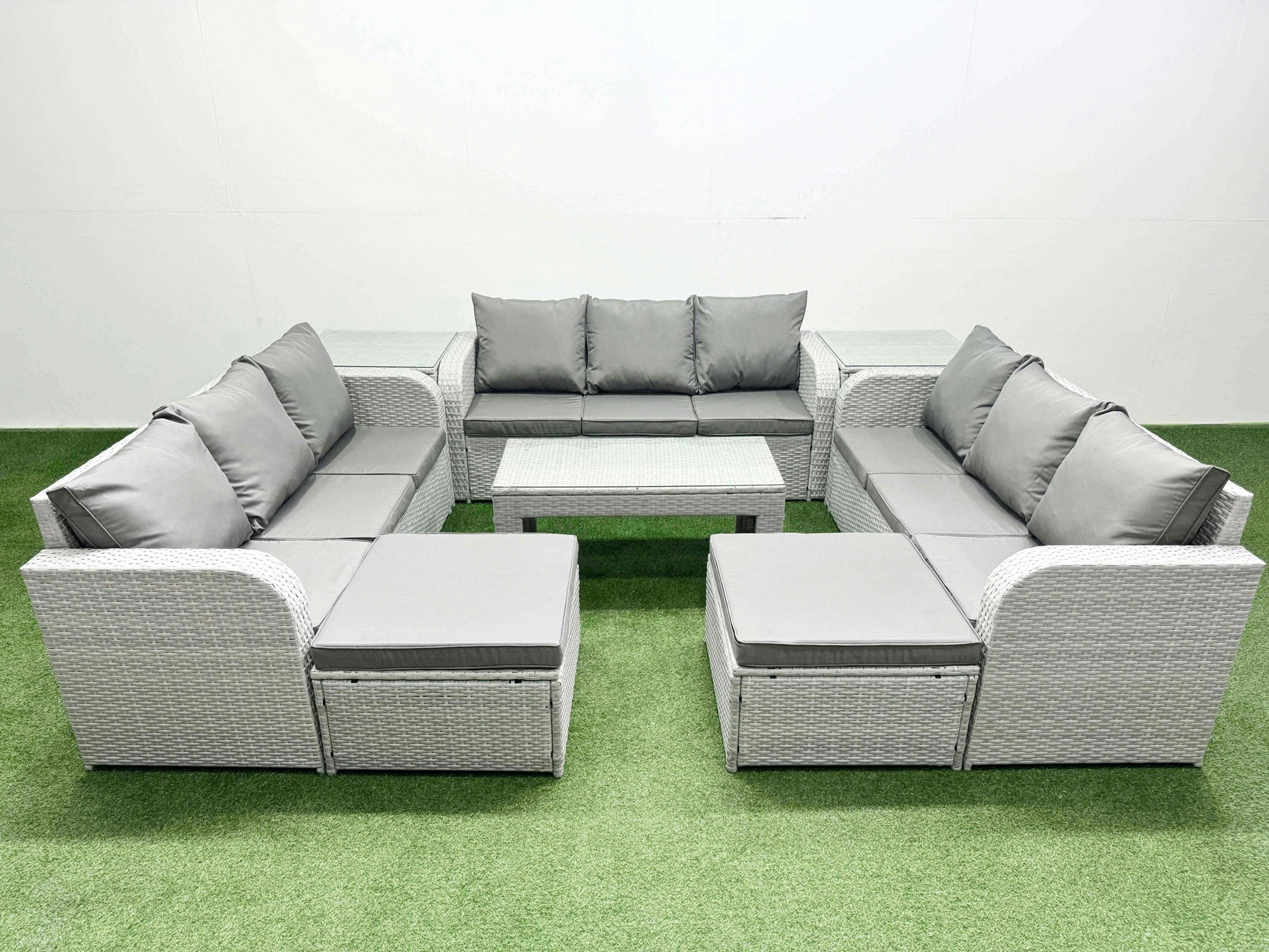 Rackhams Light/Grey 11-Seater Pe Rattan Outdoor Lounge Set | Oblong Coffee Table, 3-Seater Sofa, 2 Footstools, 2 Side Tables