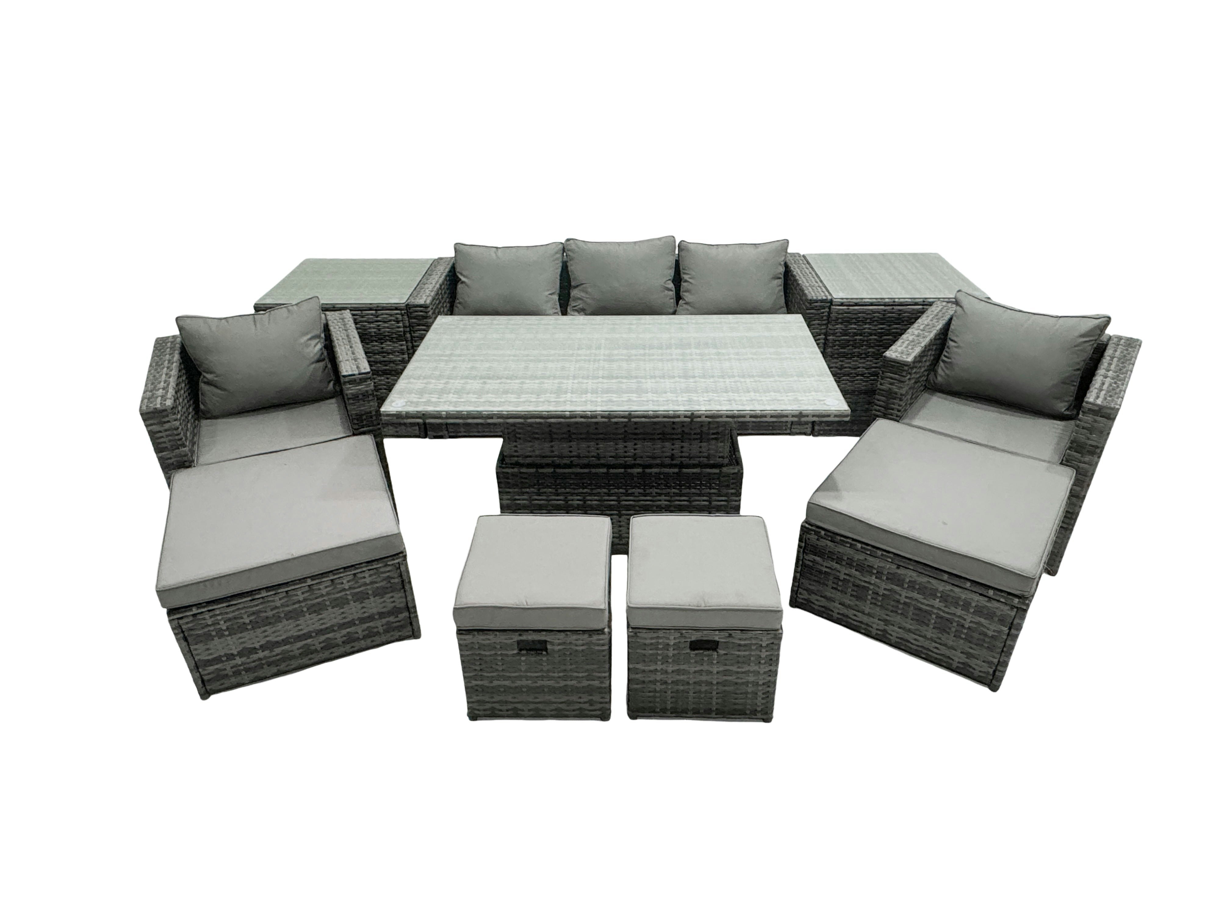 Fimous Dark/Grey Pe Rattan Garden Furniture Set Lounge Sofa Rising Dining Table Set With 2 Side Tables 4 Footstool Mixed