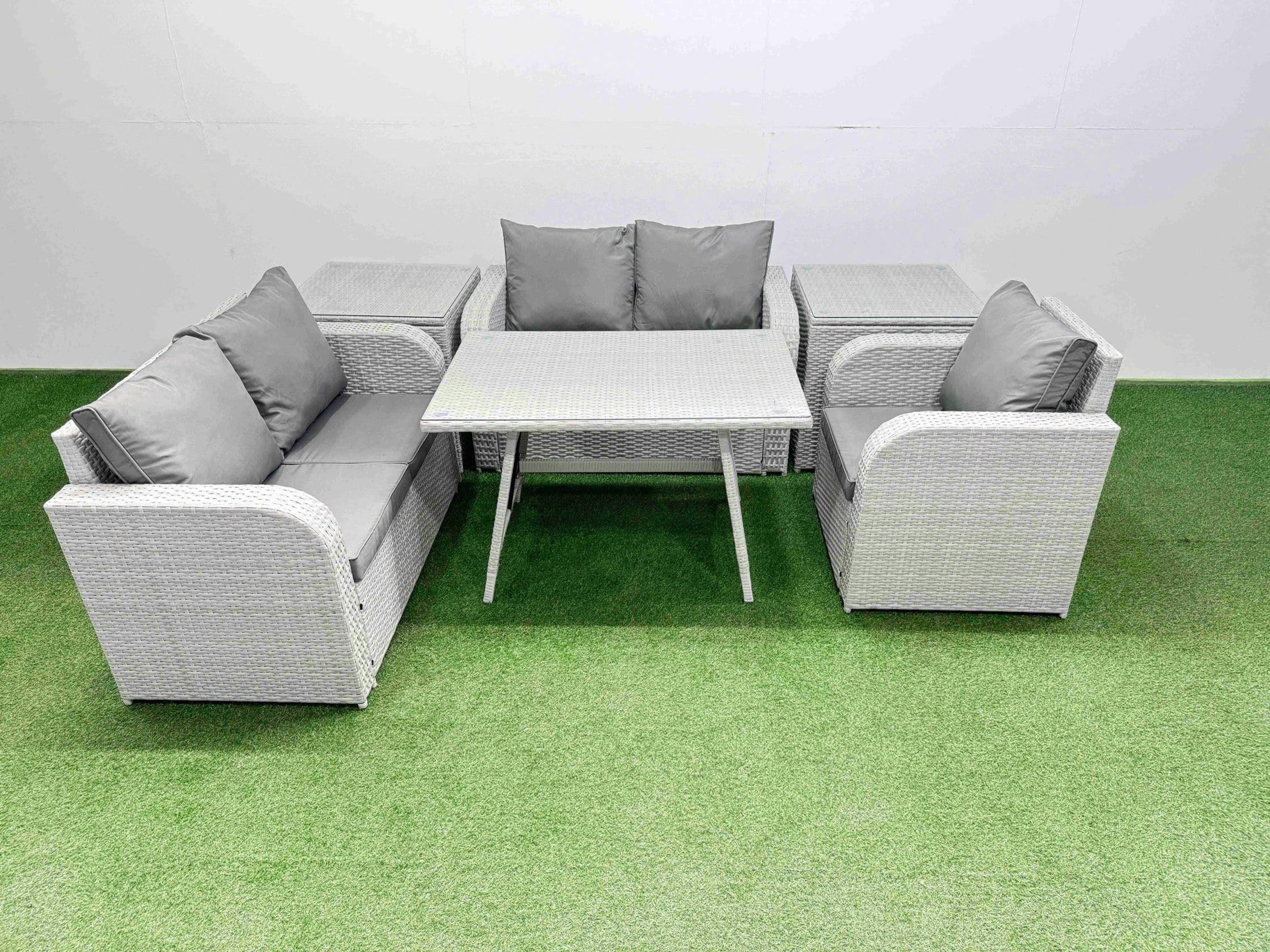 Rackhams Light/Grey 5 Seater Outdoor Rattan Garden Furniture Set Love Sofa Reclining Chair Set With Rectangular Dining Table 2 Side Tables