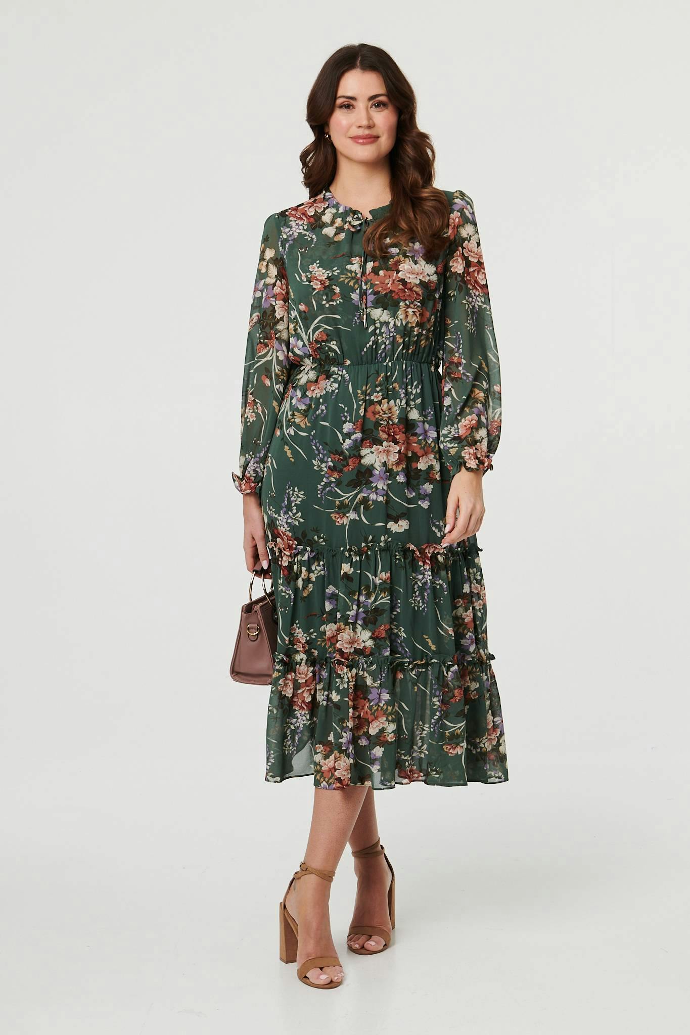 Izabel London Green Floral Tiered Long Sleeve Midi Dress - 16