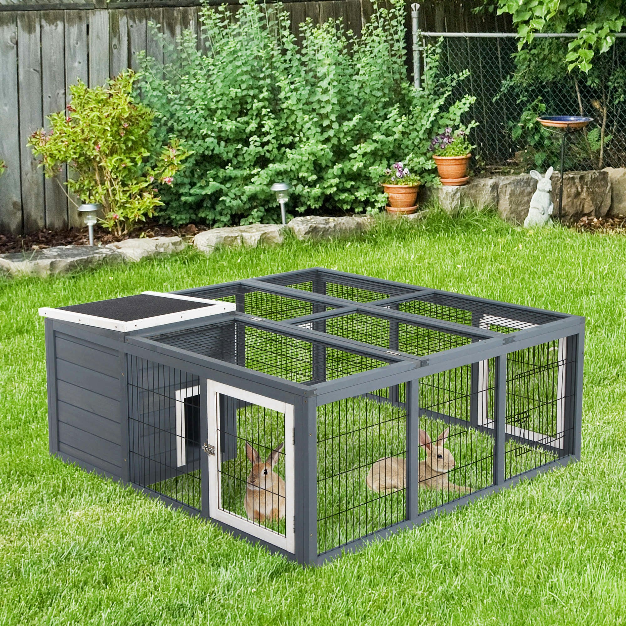 Pawhut Unisex Grey Rabbit Run Small Animal Hutch Guinea Pig House In - Image 3