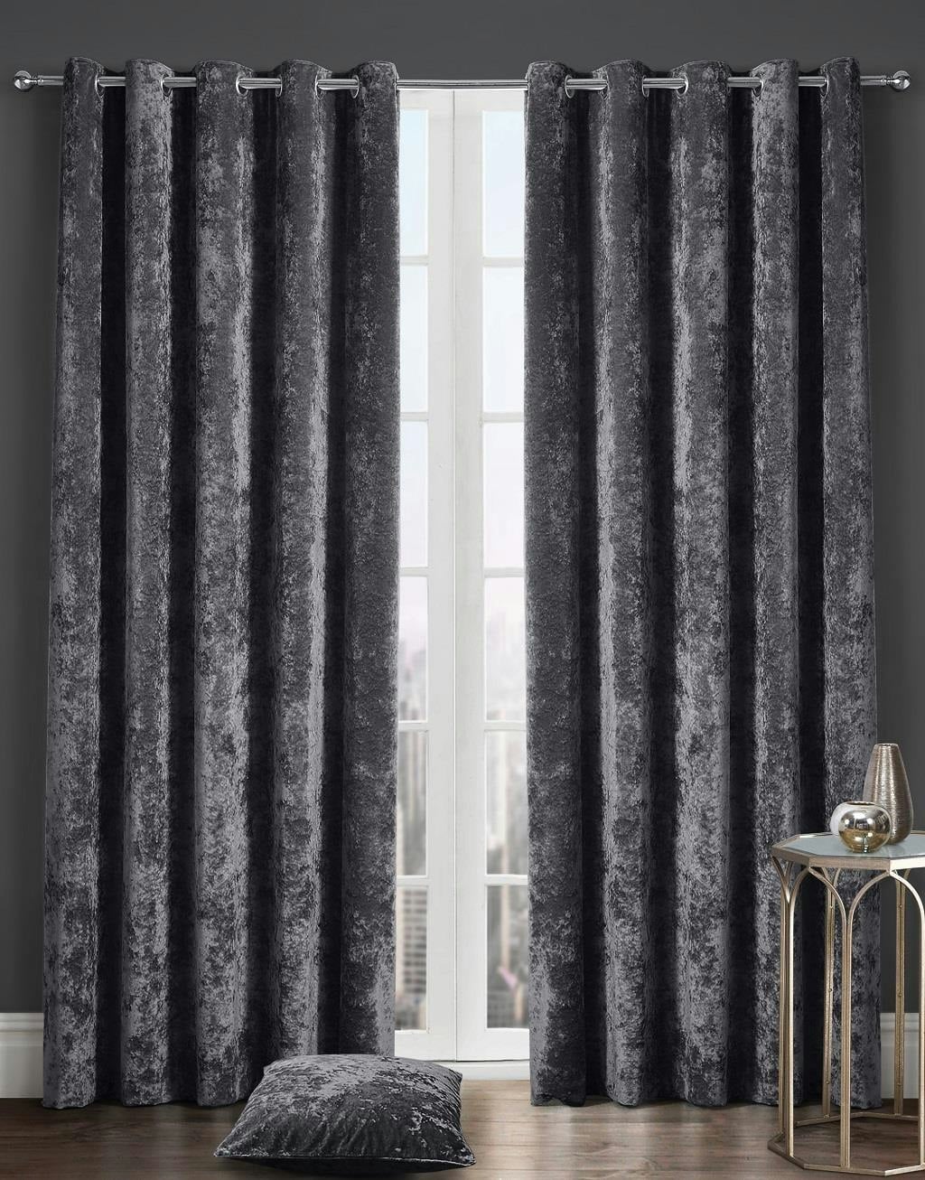 Rackhams Silver Luxury Crushed Velvet Fully Lined Eyelet Curtains - Charcoal - 46 X 72"
