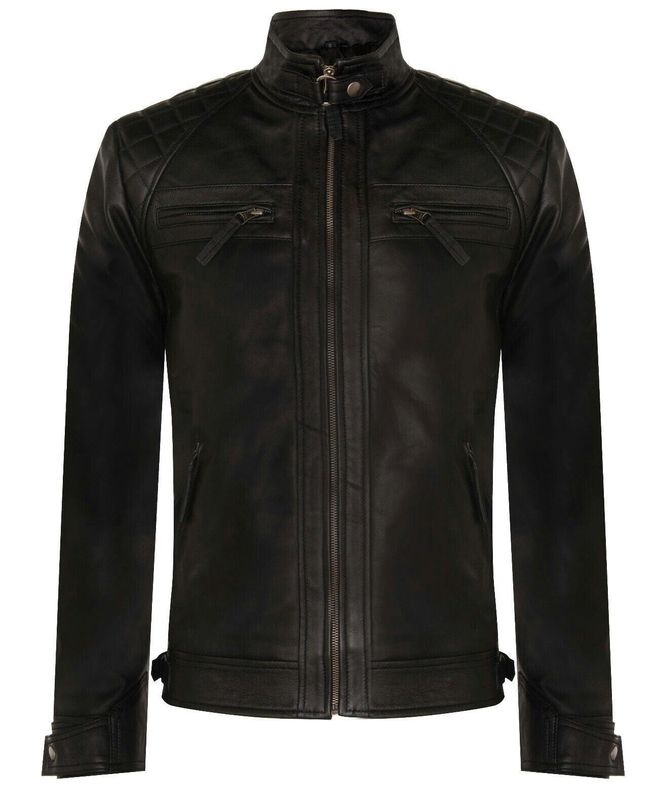Infinity Leather Men's Black Vintage Zipped Leather Racing Quilted Biker Jacket - Uk M | Eu 48 | Us 38