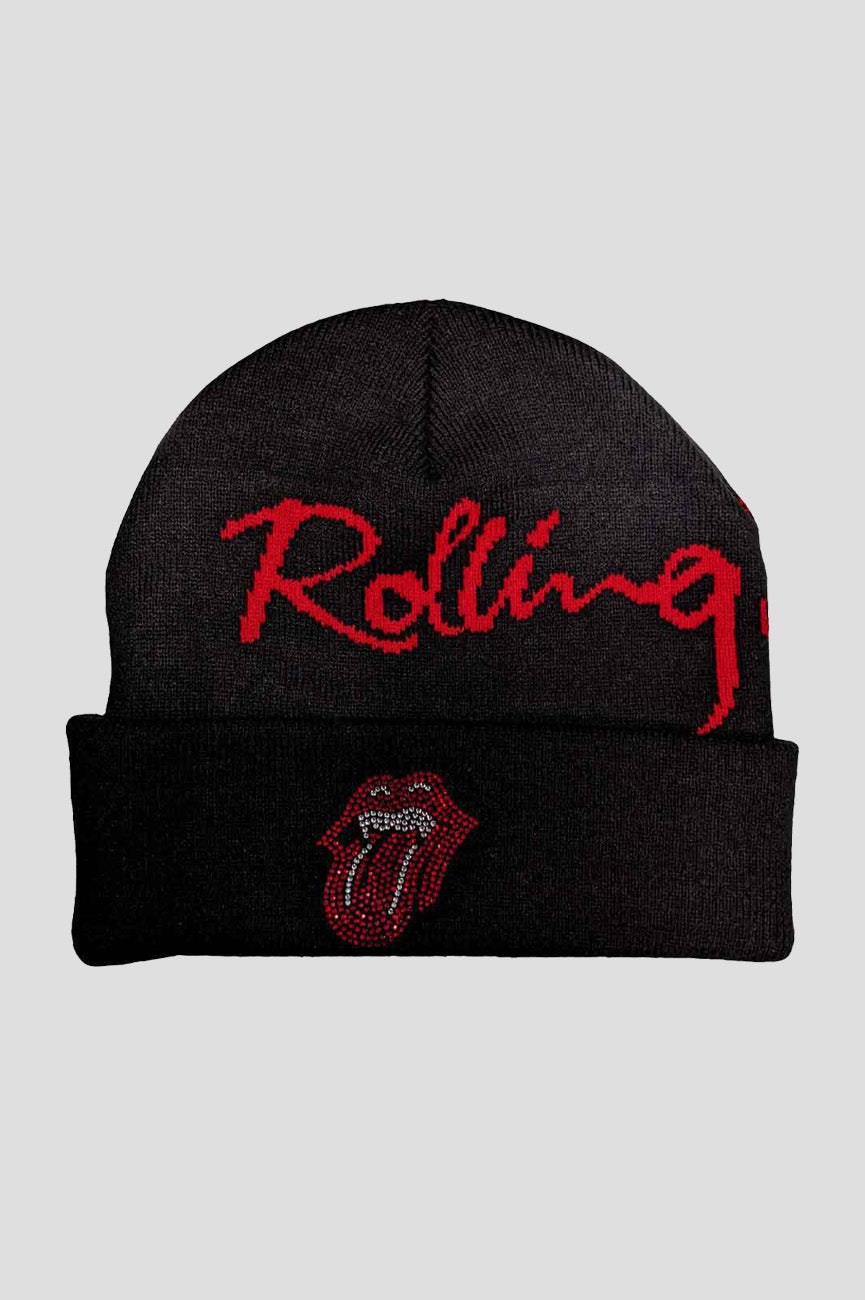Paradiso Clothing Unisex Black The Rolling Stones Embellished Tongue Beanie Hat - One Size
