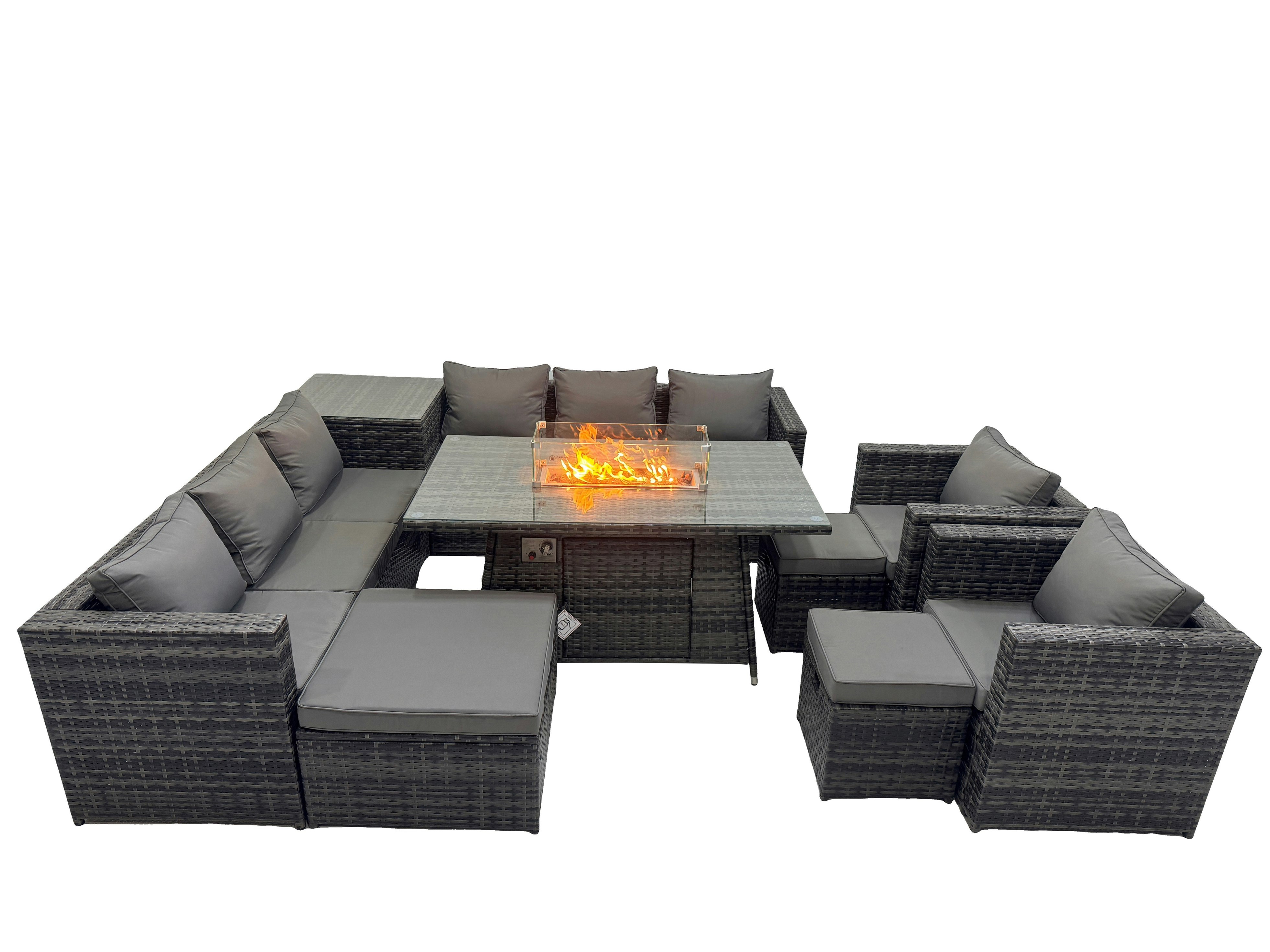 Fimous Dark/Grey 11 Seater Garden Outdoor Rattan Furniture Set Patio Corner Sofa Gas Fire Pit Dining Table With Side Table 3 Stools
