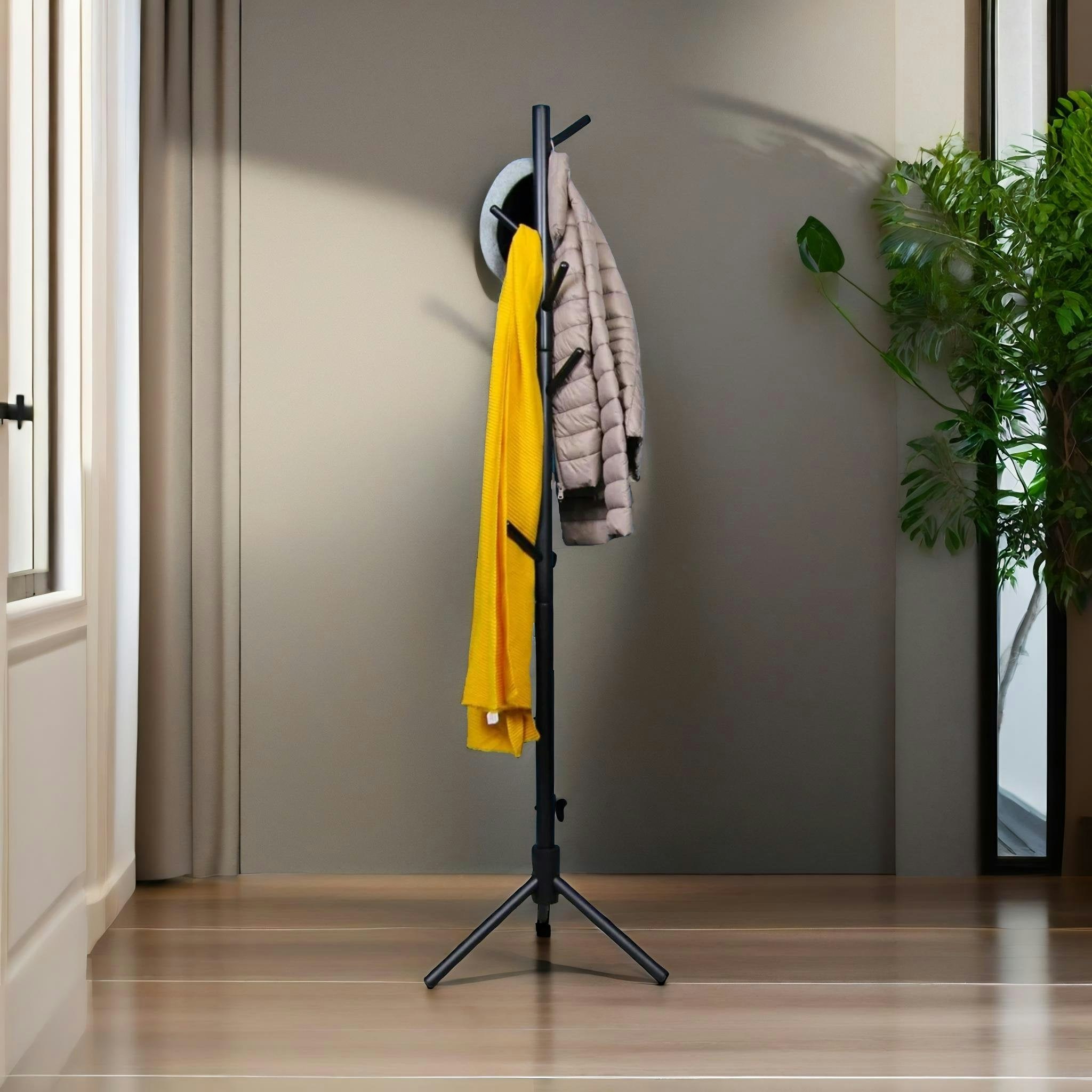 Rackhams Black Wooden Adjustable Coat Stand With 8 Hooks