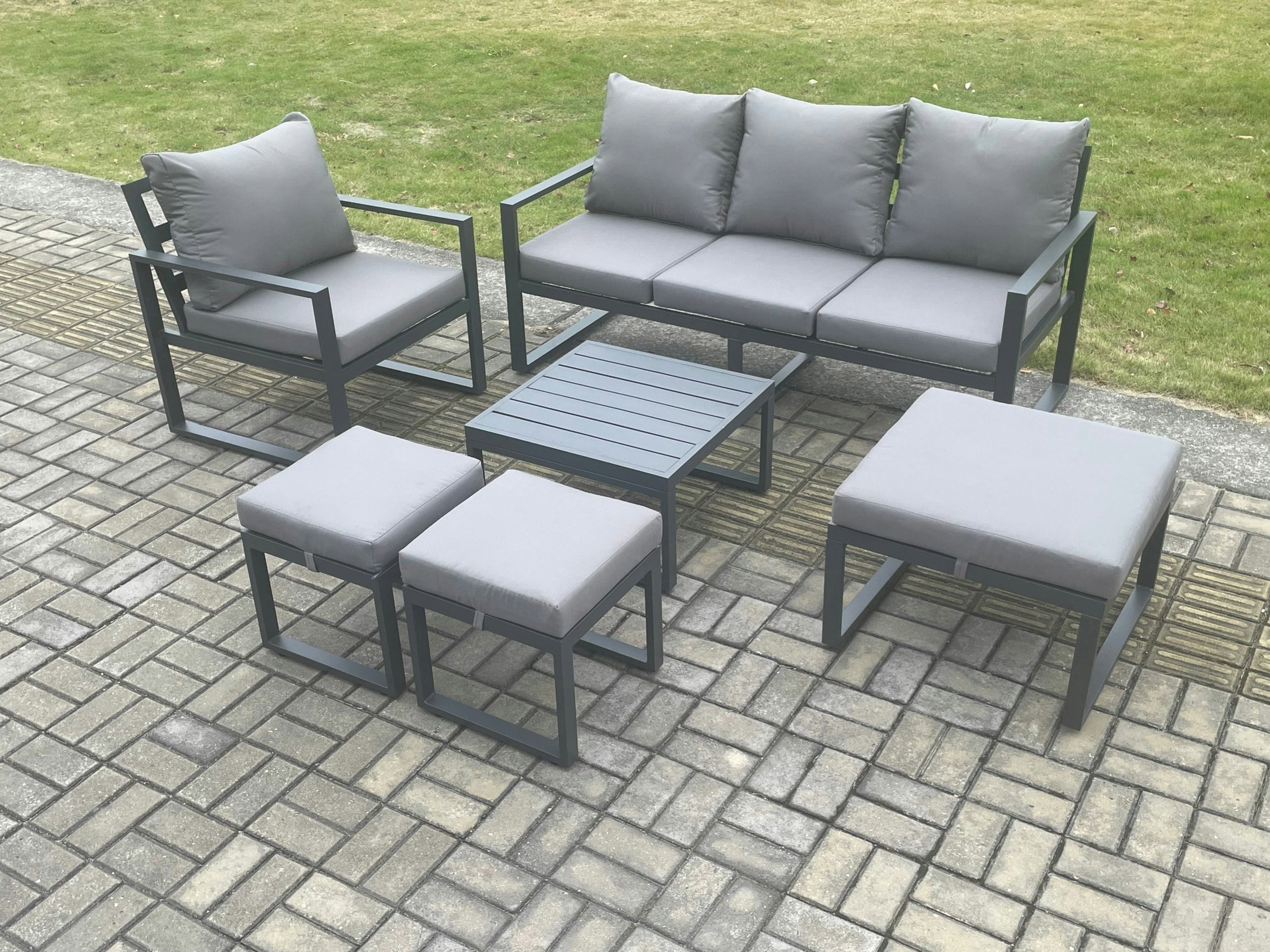 Rackhams Dark/Grey Aluminium Outdoor Garden Furniture Set Lounge Sofa Chair Square Coffee Table Sets With 3 Footstools