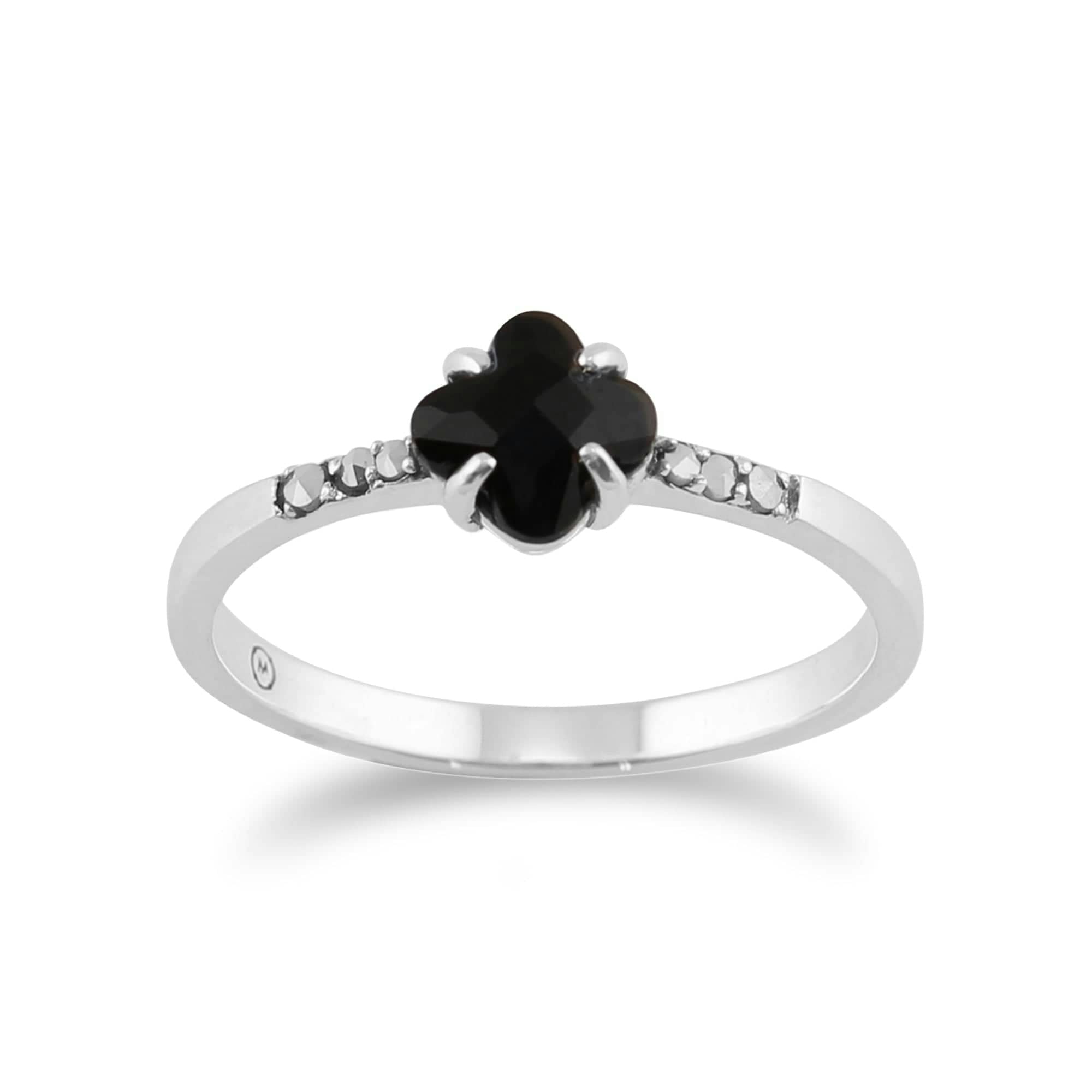 Gemondo Black/Onyx/Silver Floral Square & Marcasite Ring In 925 Sterling - P