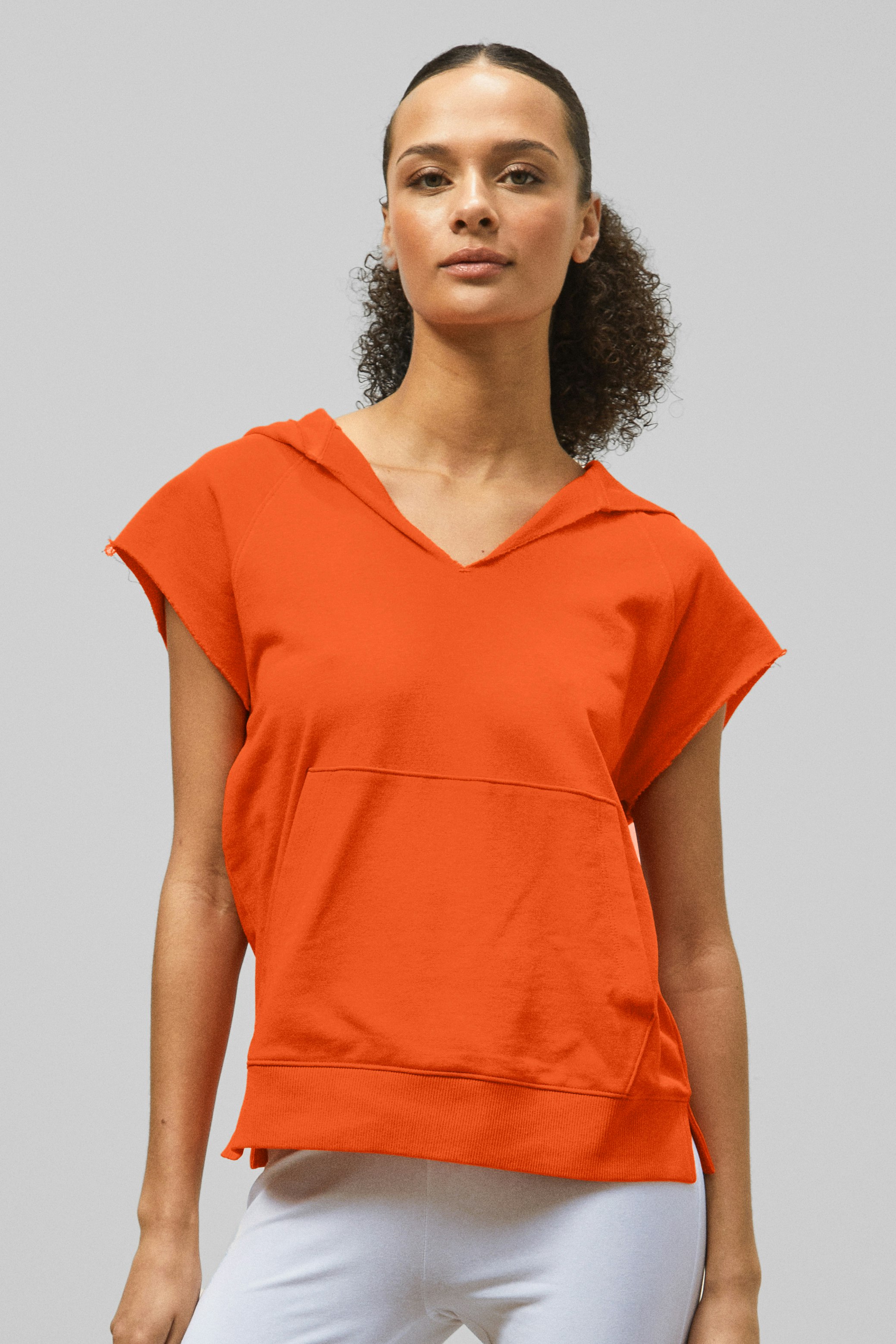Enorsia Orange Sleeveless Raw Edge Hoodie - 10 - 77% Cotton, 23% Polyester