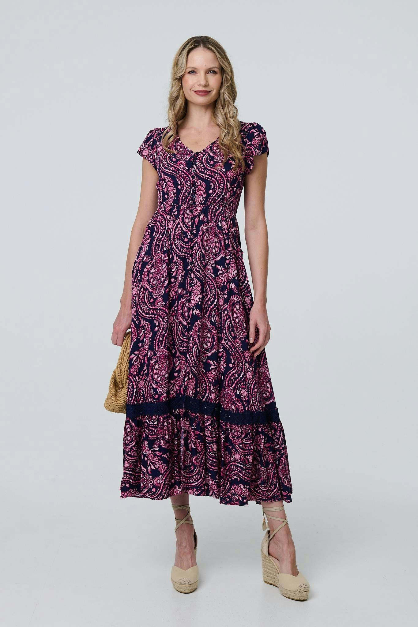 Izabel London Paisley Cap Sleeve Lace Trim Maxi Dress - Navy - 10