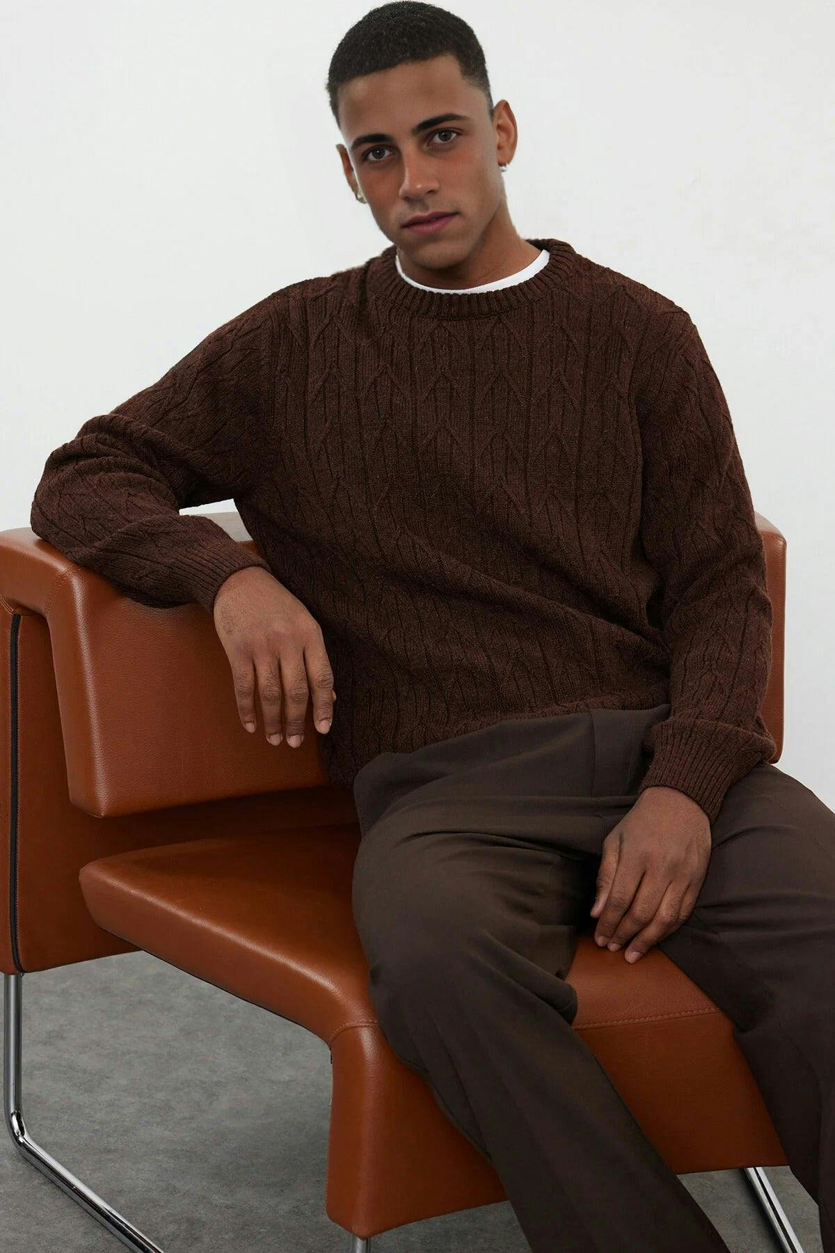 Wovcor Men's Brown Crew Neck Textured Knit Sweater - Xl