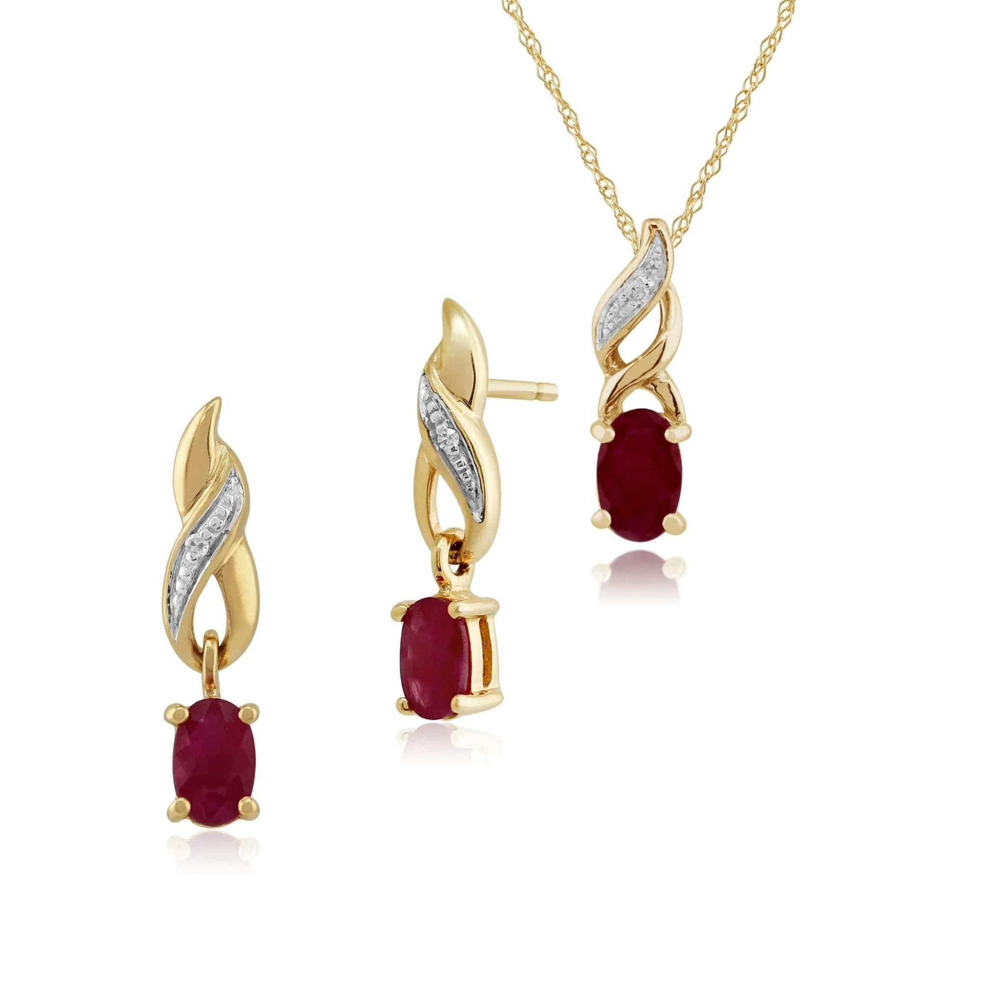 Gemondo Yellow/Gold Classic Oval Ruby & Diamond Twist Drop Earrings & Pendant Set In 9Ct