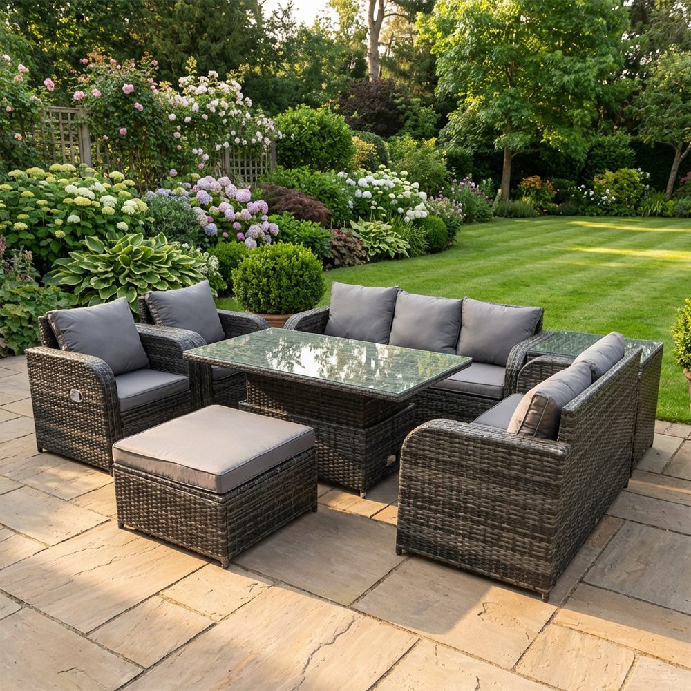 Fimous Dark/Grey 8 Seater Rattan Outdoor Dining Set With Height Adjustable Lifting Table, Reclining Chair, Side Table & Footstool - Mixed