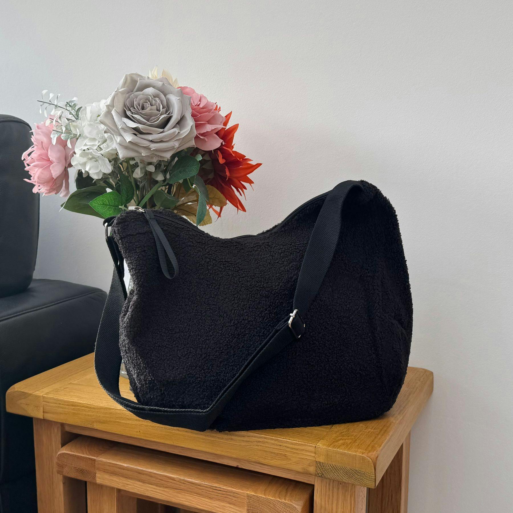 Fores Collection Black Teddy Slouch Large Tote Bag With Adjustable Shoulder Strap