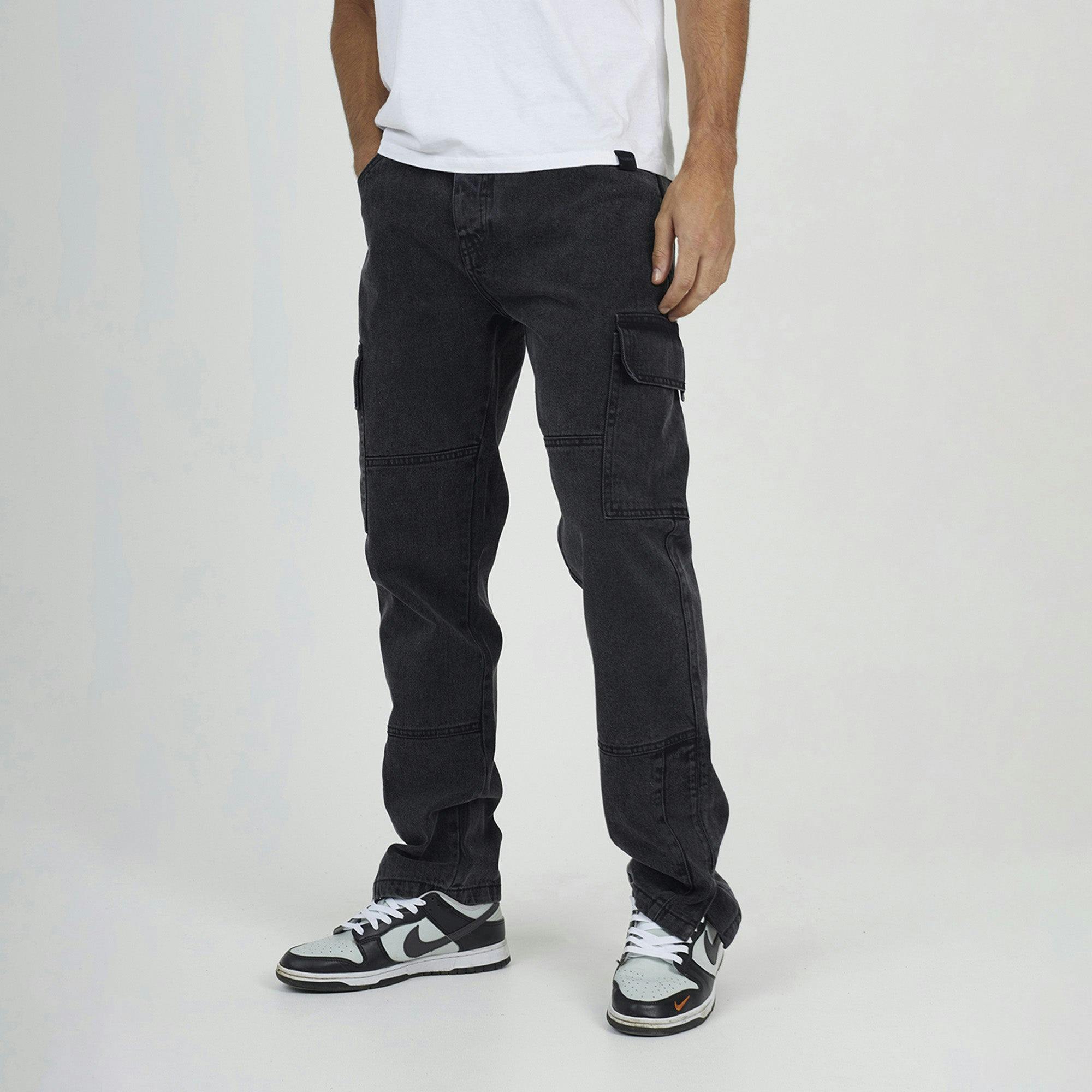 Brave Soul Cargo Style Denim Jeans With Side Hem Split Detail - Charcoal - Charcoal - 28L