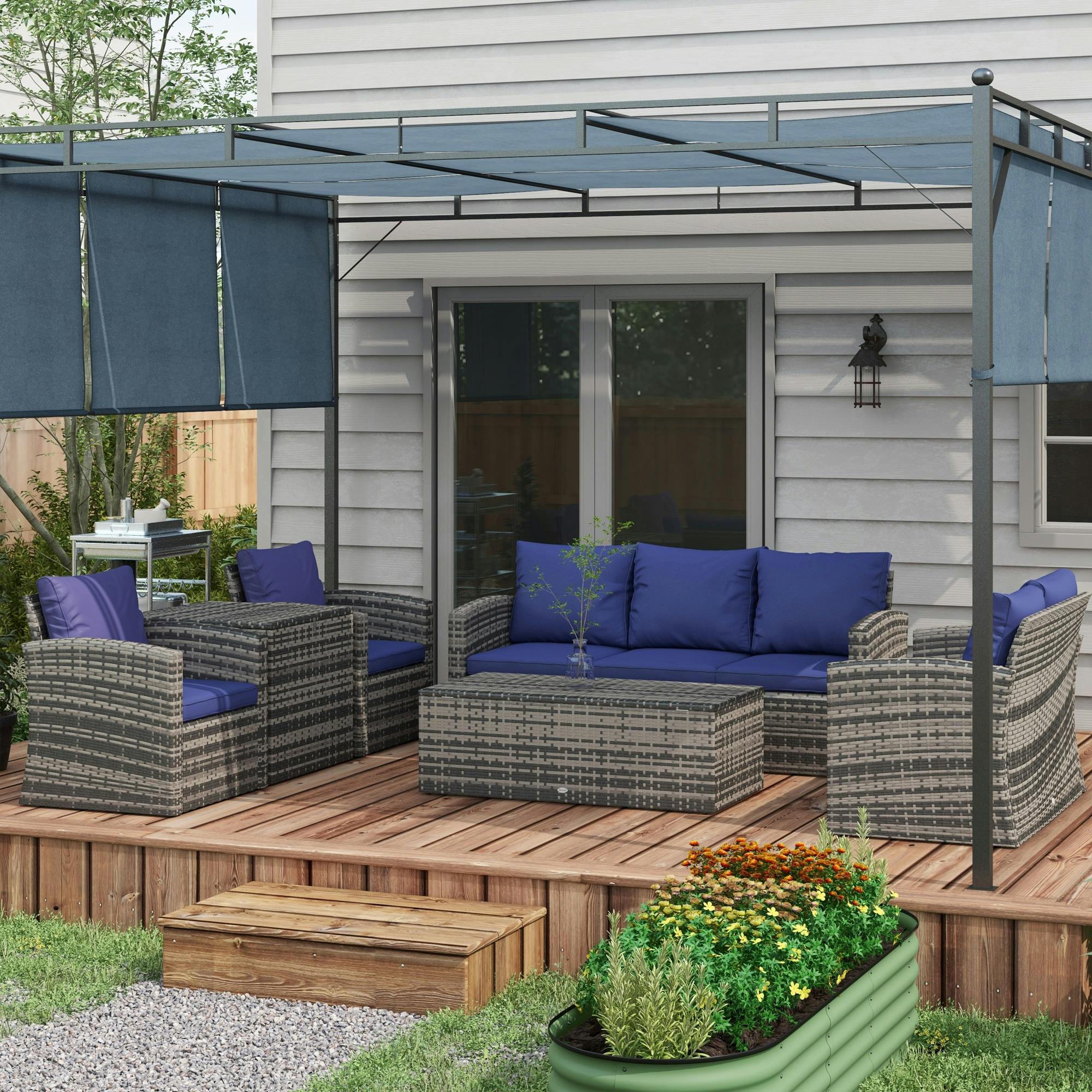 Rackhams Blue 6 Pcs Patio Rattan Sofa Set Conversation Furniture - Navy