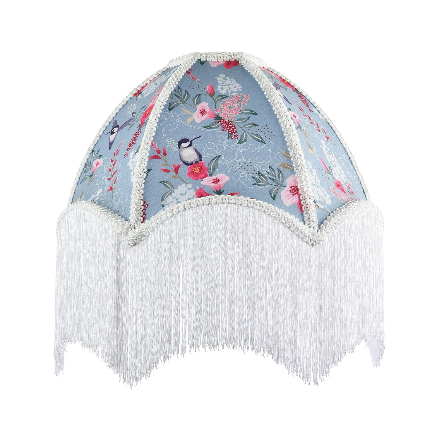 Happy Homewares Blue/White 1920S Vintage Duck Egg Lamp Shade With Vibrant Flowers And Birds Decor