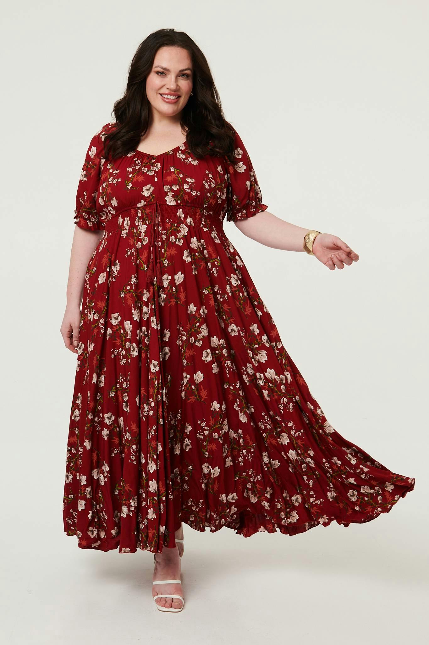 Izabel London Red Curve Floral Bardot Empire Maxi Dress - 24
