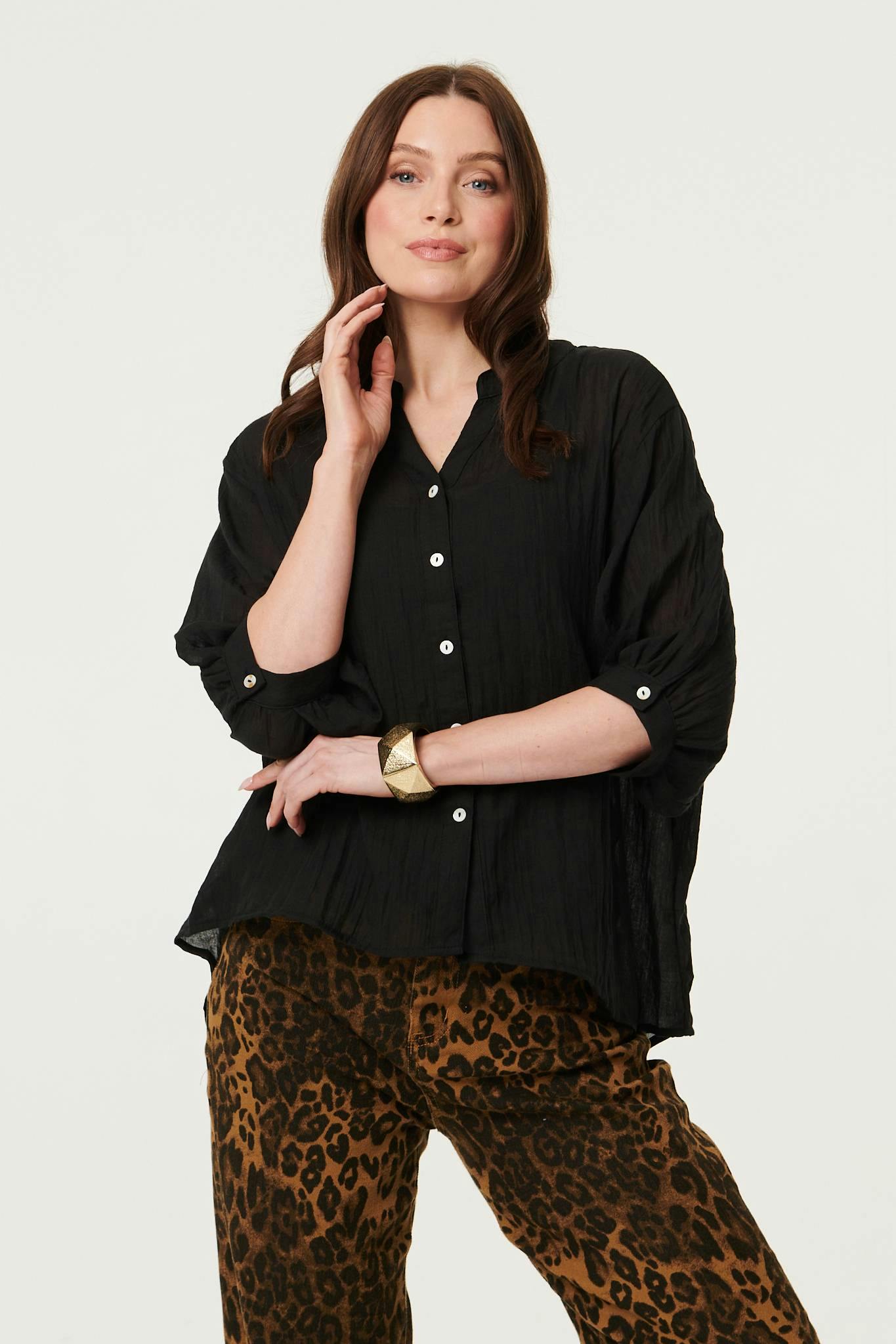 Izabel London Black Collarless Button Back 3/4 Sleeve Blouse - 8