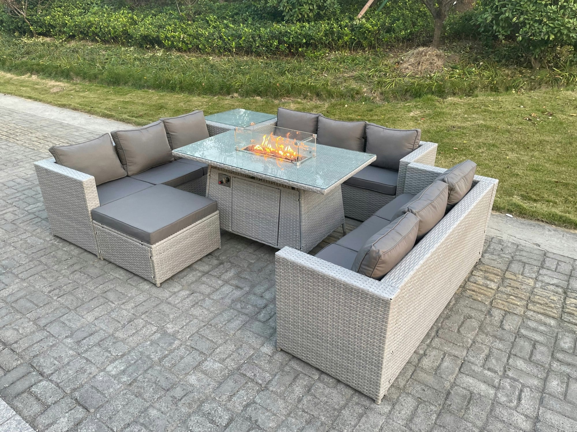 Rackhams Light/Grey Rattan Outdoor Garden Furniture Set With Gas Fire Pit Table, 3 Sofas, 1 Side Table, 1 Footstool - 10 Seater