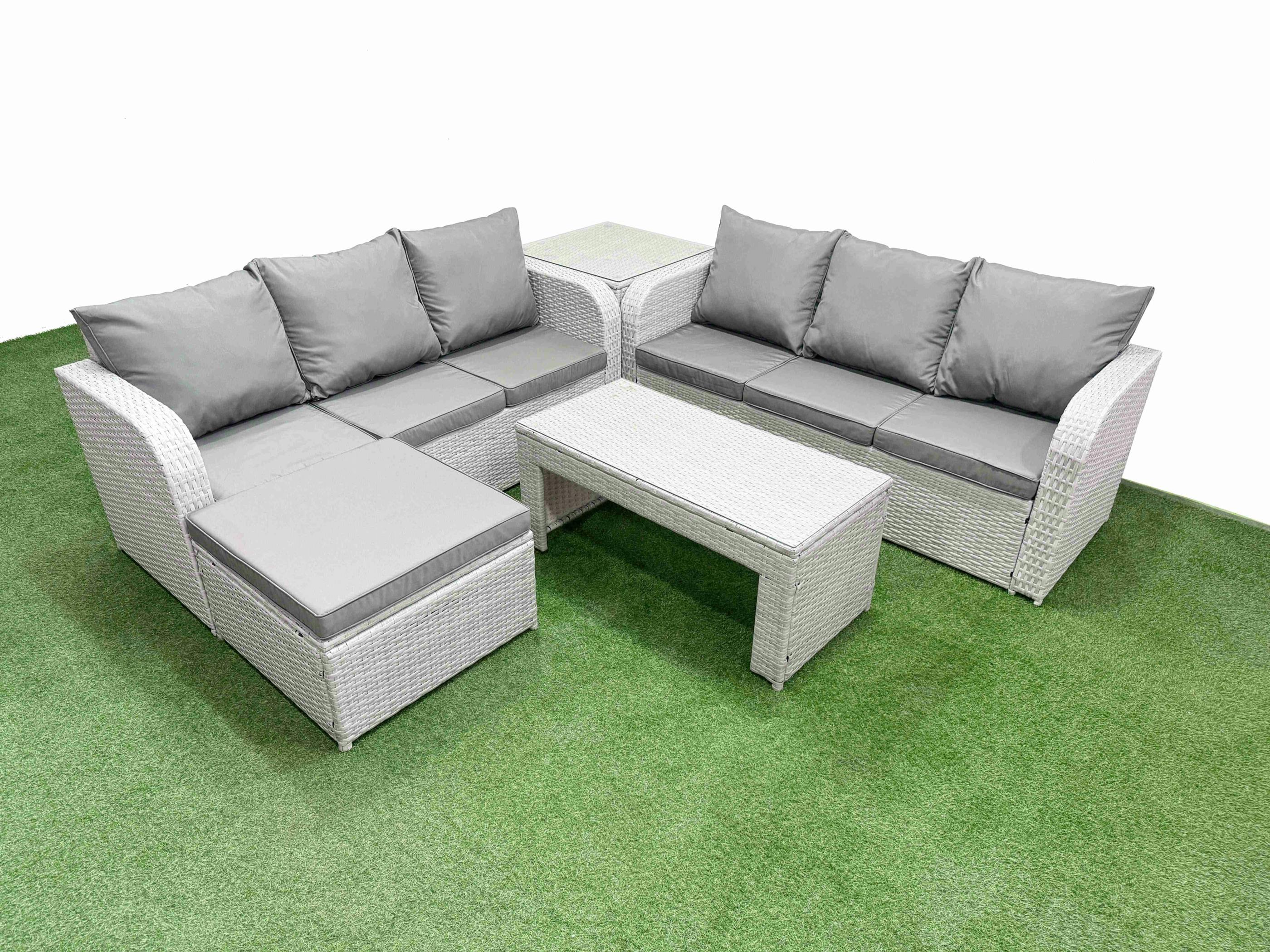 Fimous Light/Grey 7 Seater Wicker Patio Furniture Set, High Back Lounge Sofa, Coffee Table, Big Footstool And Side Table,