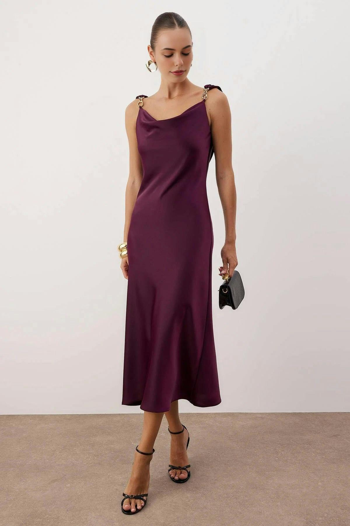 Wovcor Woven Satin Maxi Party Dress With Accessory Details - Plum - 12