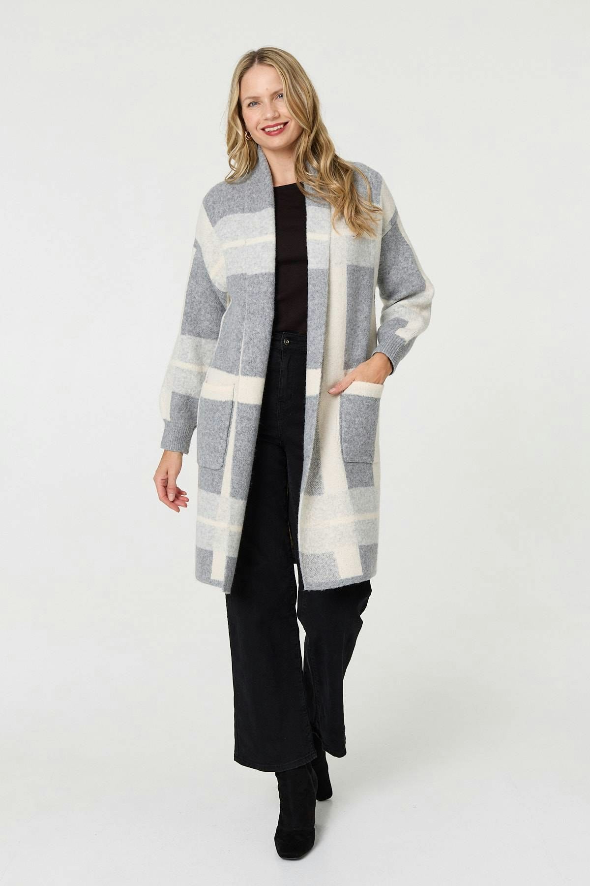 Izabel London Grey Checked Open Front Longline Cardigan - 8