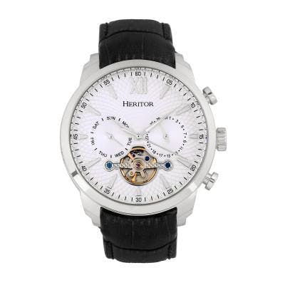 Heritor Automatic Men's Silver Arthur Semi-Skeleton Leather-Band Watch W/ Day/Date