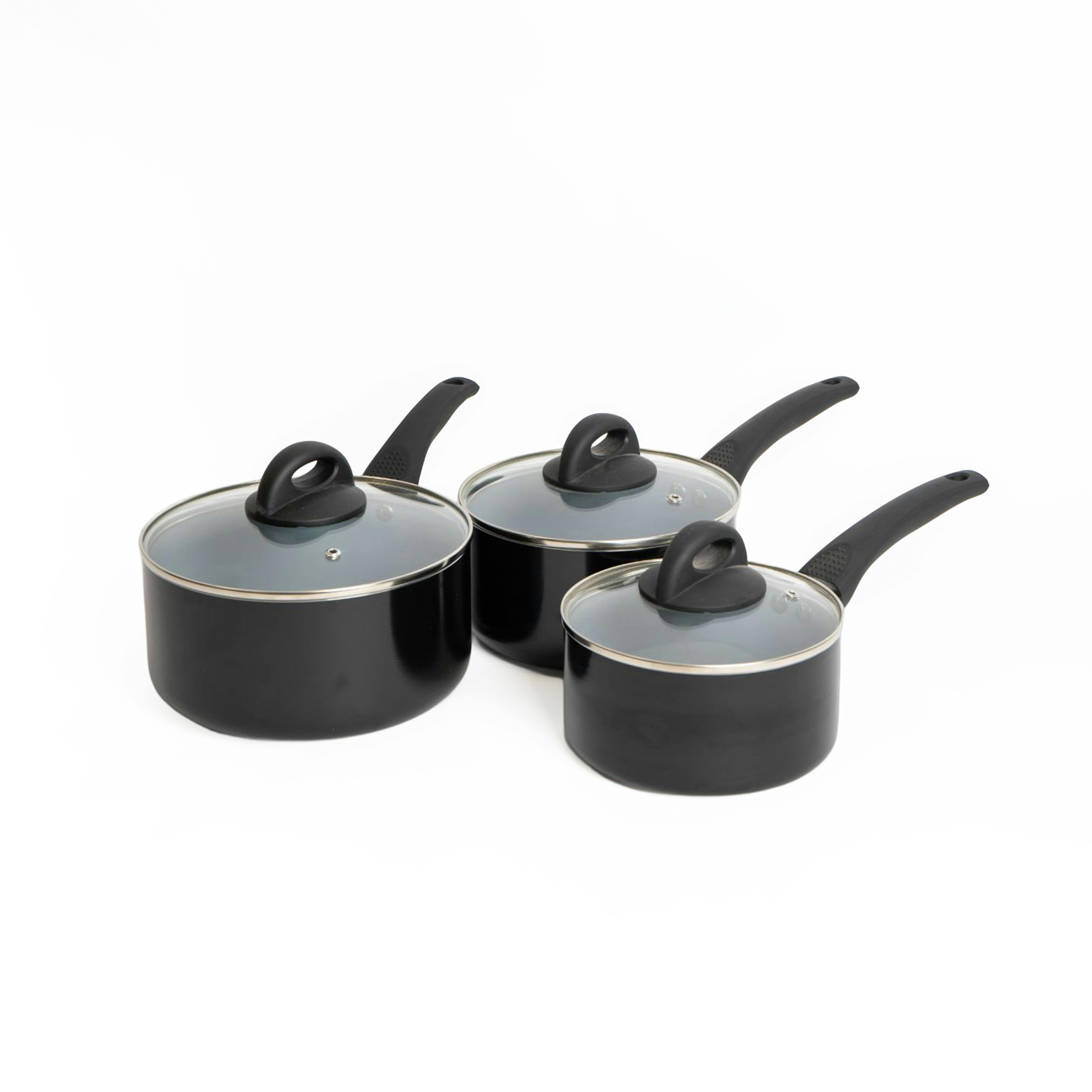 Rackhams Black 3Pc Ceramic Non-Stick Eco Aluminium Saucepan Set With 16Cm, 18Cm And 20Cm Saucepans With Lids - Aluminium - Saucepans
