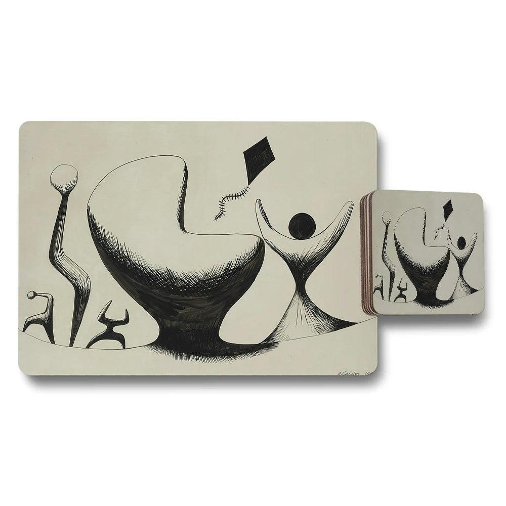 Benjamin Tate Design Black/White Abstract Art Placemat And Coaster Set Modern Dining
